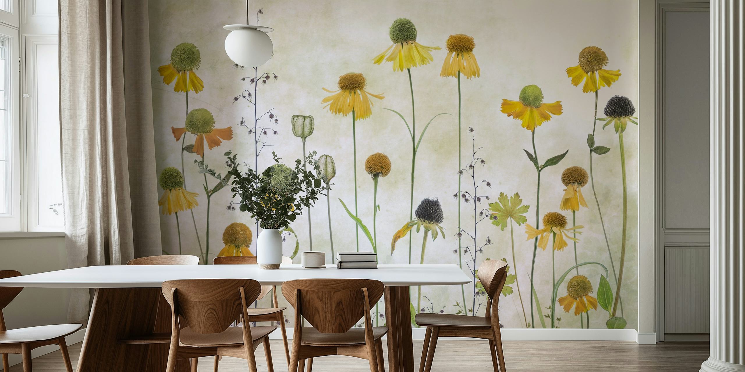 Yellow and green floral wallpaper with textured background