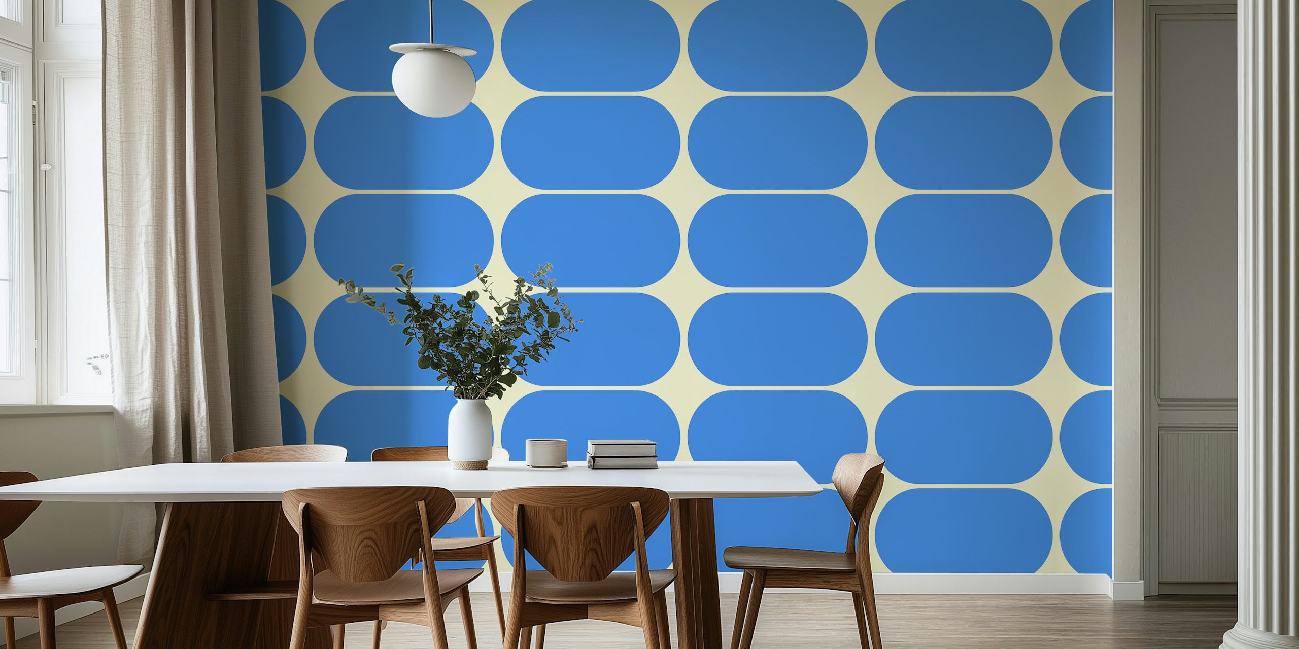 Papier peint mural à motif abstrait en forme de galet bleu et beige inspiré du milieu du siècle