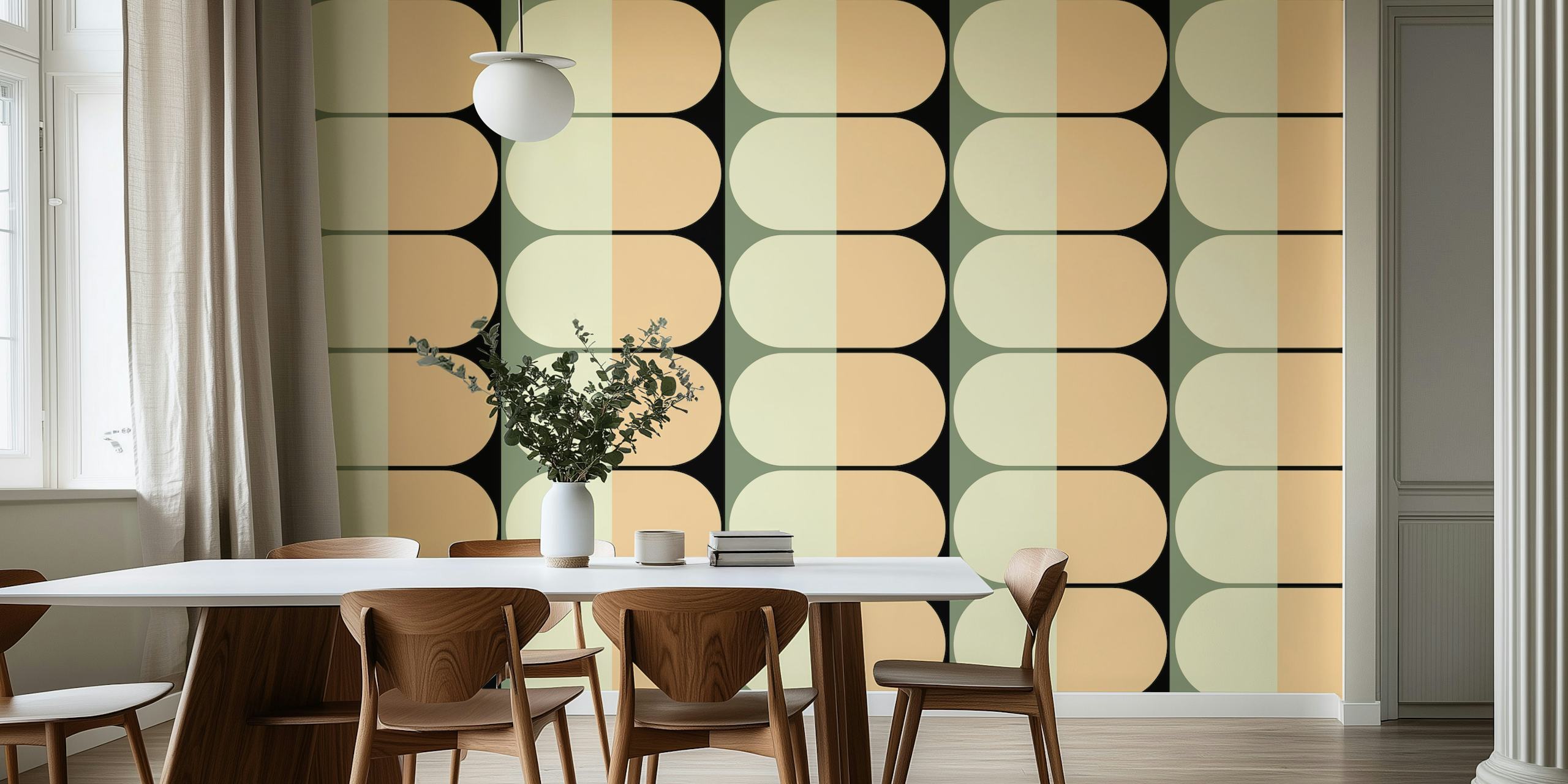 Beige geometric oval pattern wallpaper in retro style