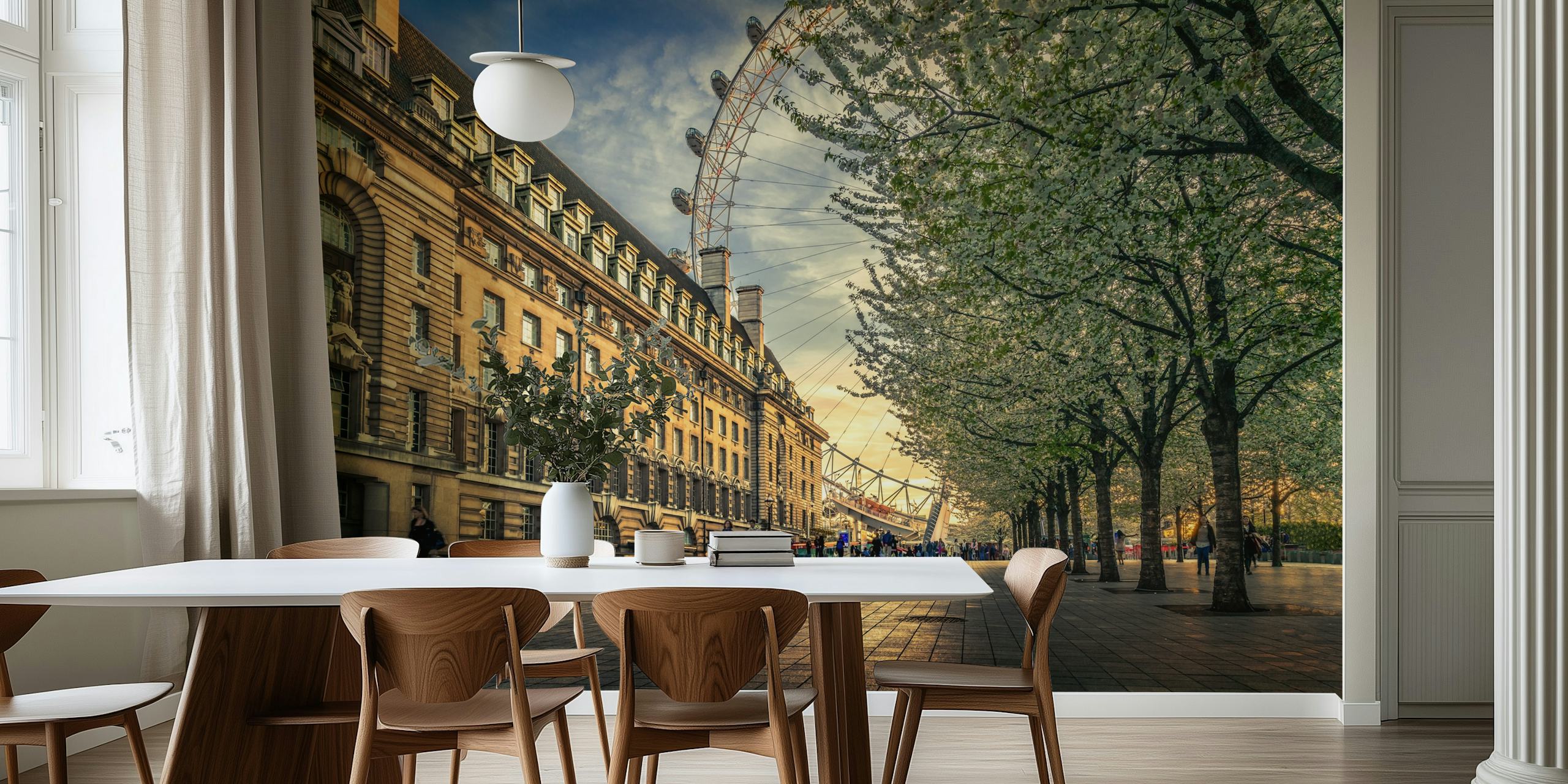 Warm sunset over London Eye with blossoming trees wall mural