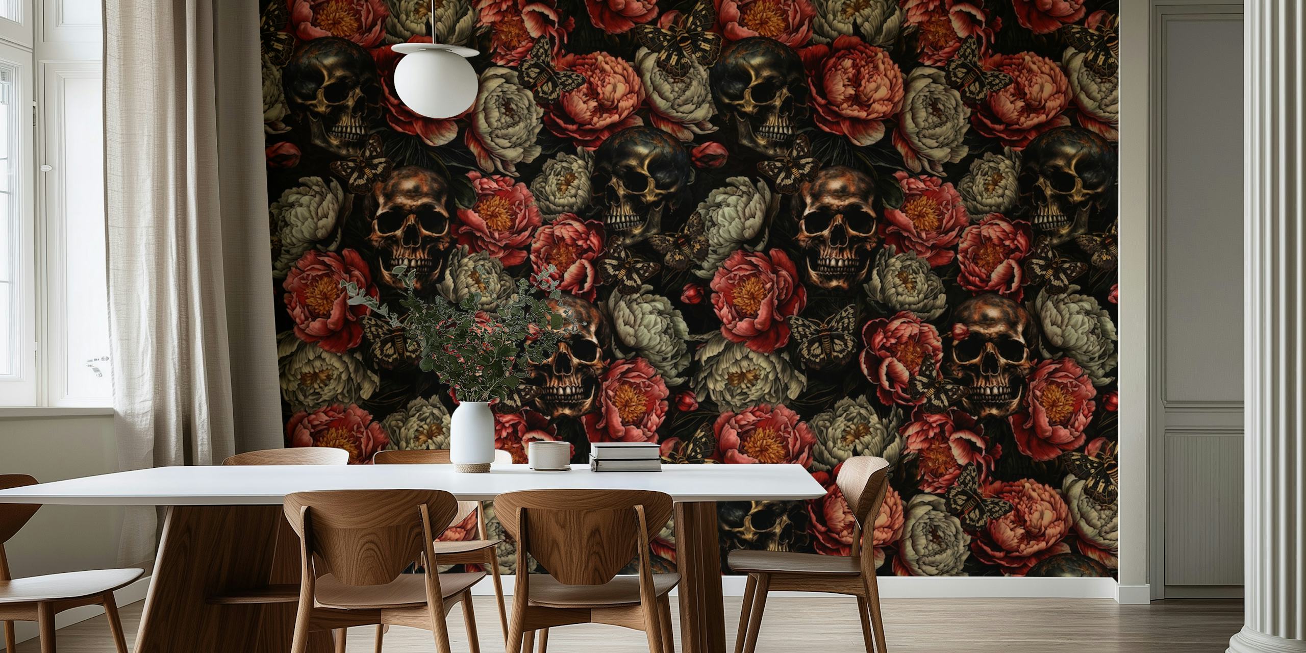 Skulls with colorful flowers on a dark background wallpaper