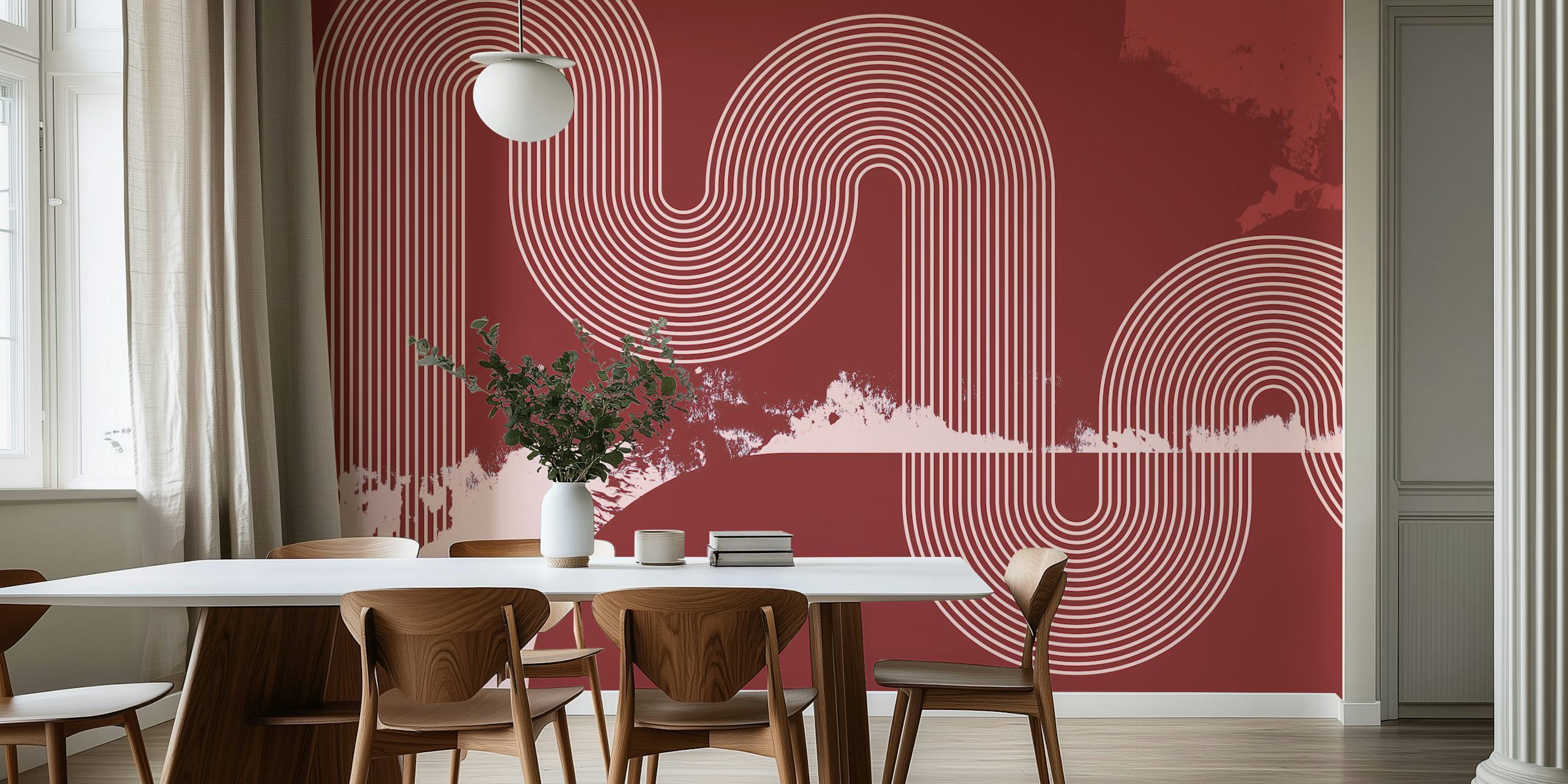 Mid Century Modern Curvy Line Art wall mural in maroon with abstract white lines.