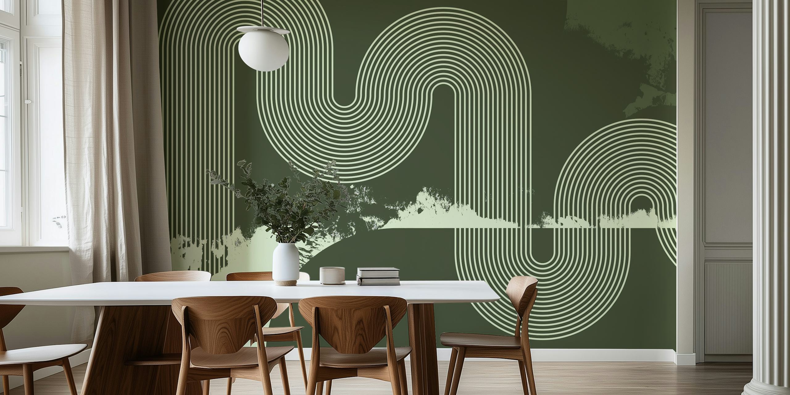 Mid Century Modern Curvy Lines Green wallpaper in a room
