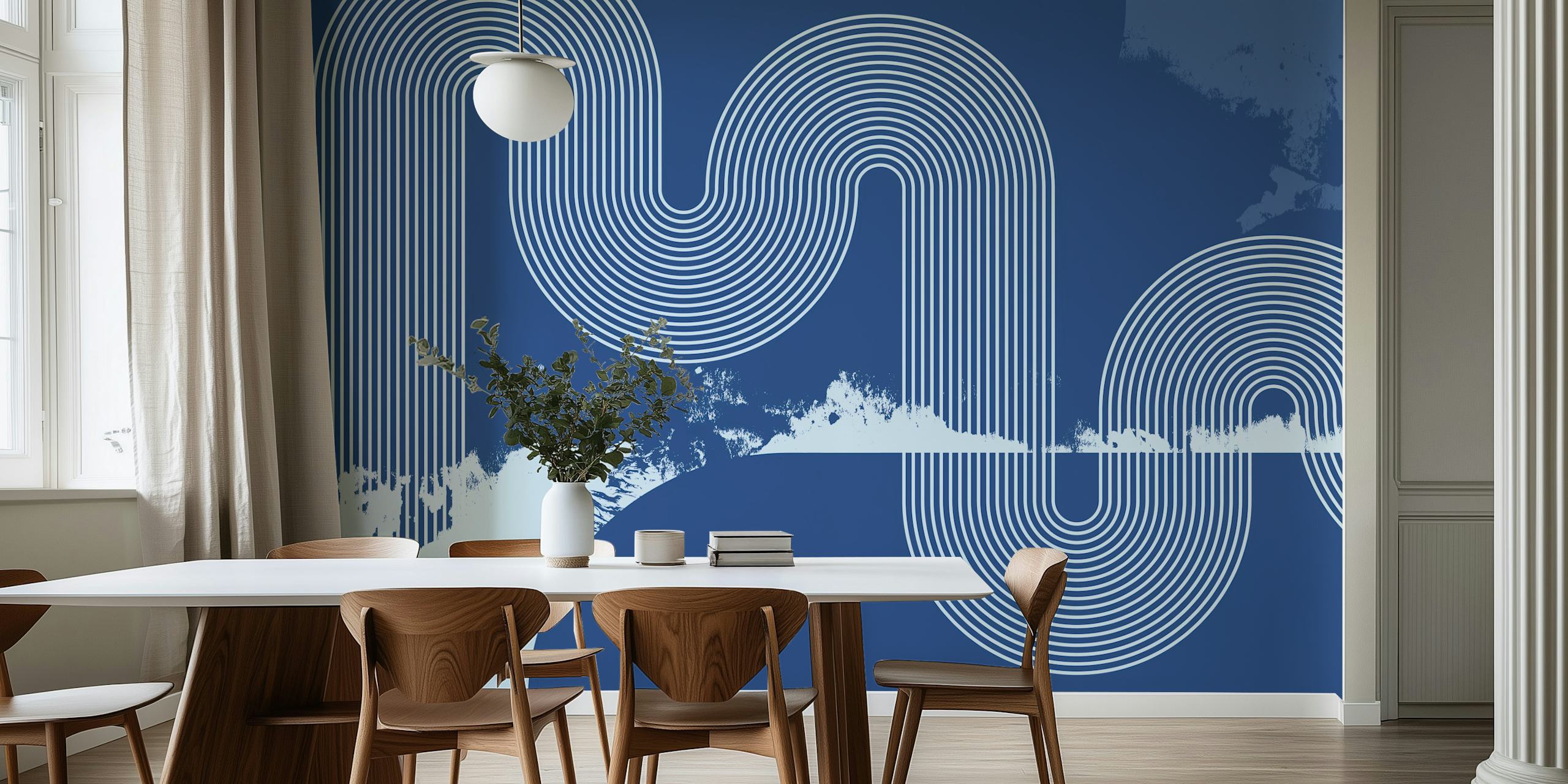Mid Century Modern Curvy Lines Blue wallpaper in a room