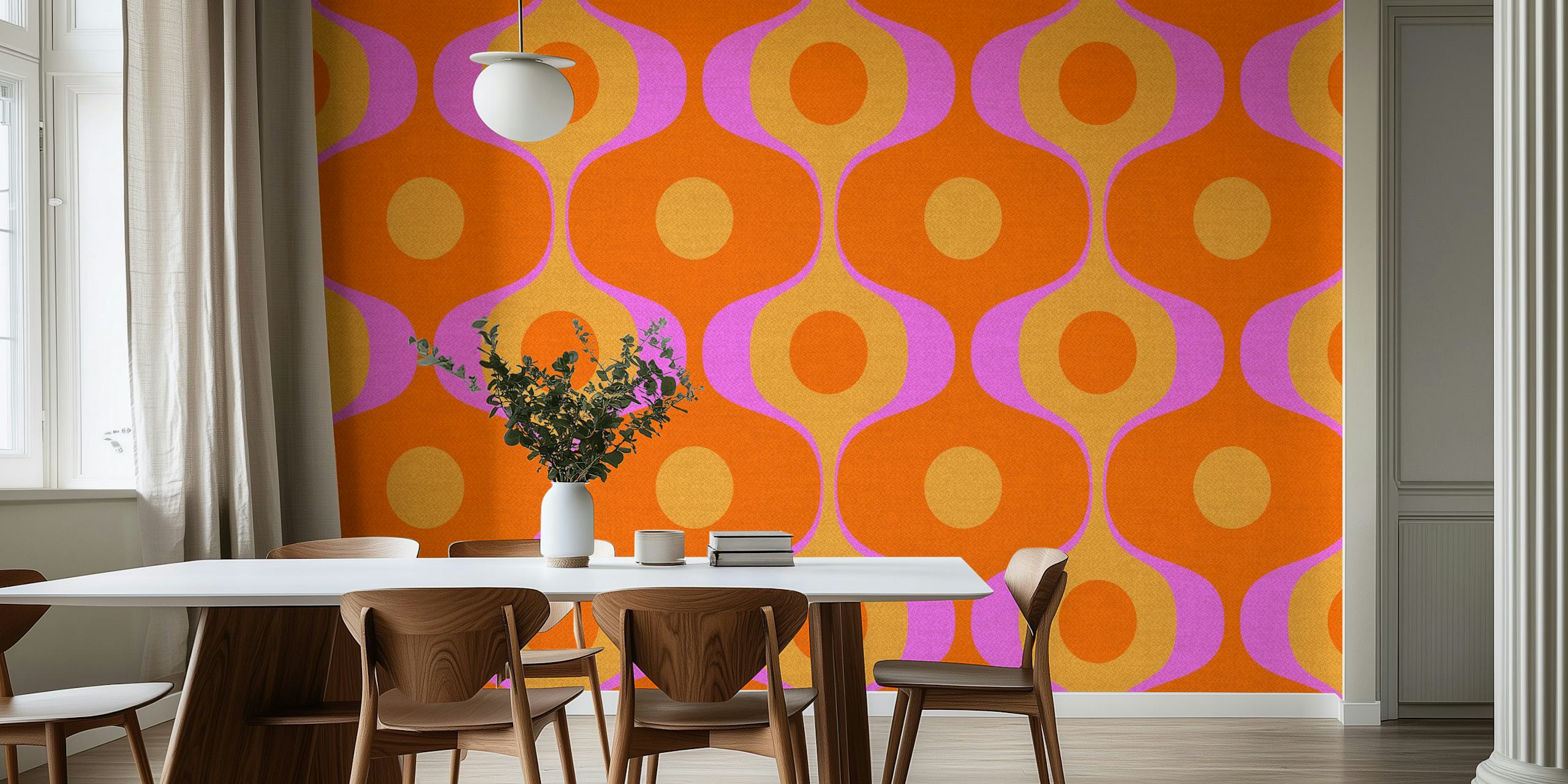 Papier peint géométrique coloré avec motifs ondulés orange et violet
