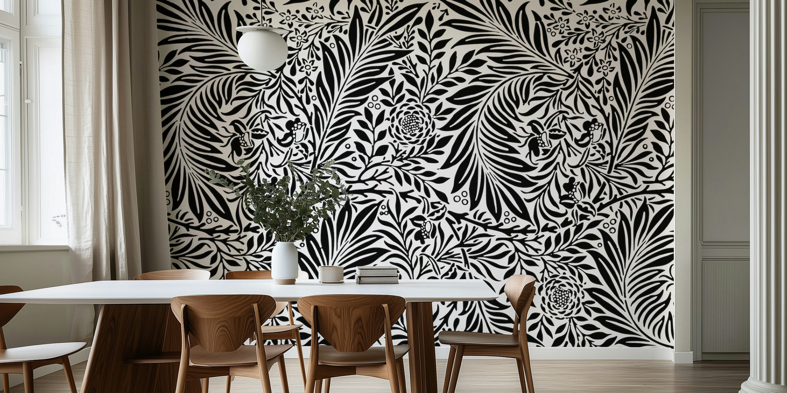 Black and white floral pattern wallpaper with vintage leaves and flowers