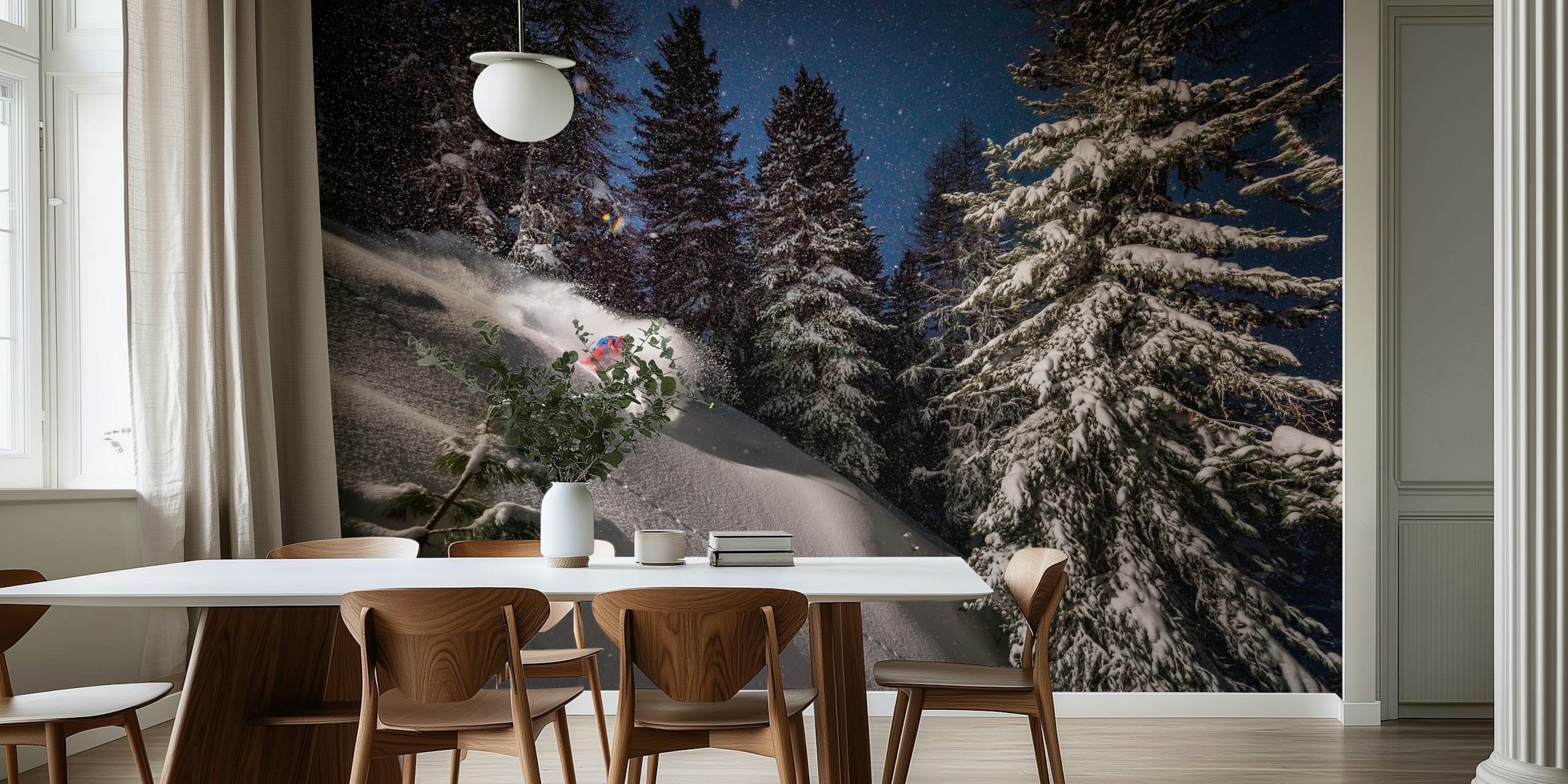 Skier in moonlit snow wall mural