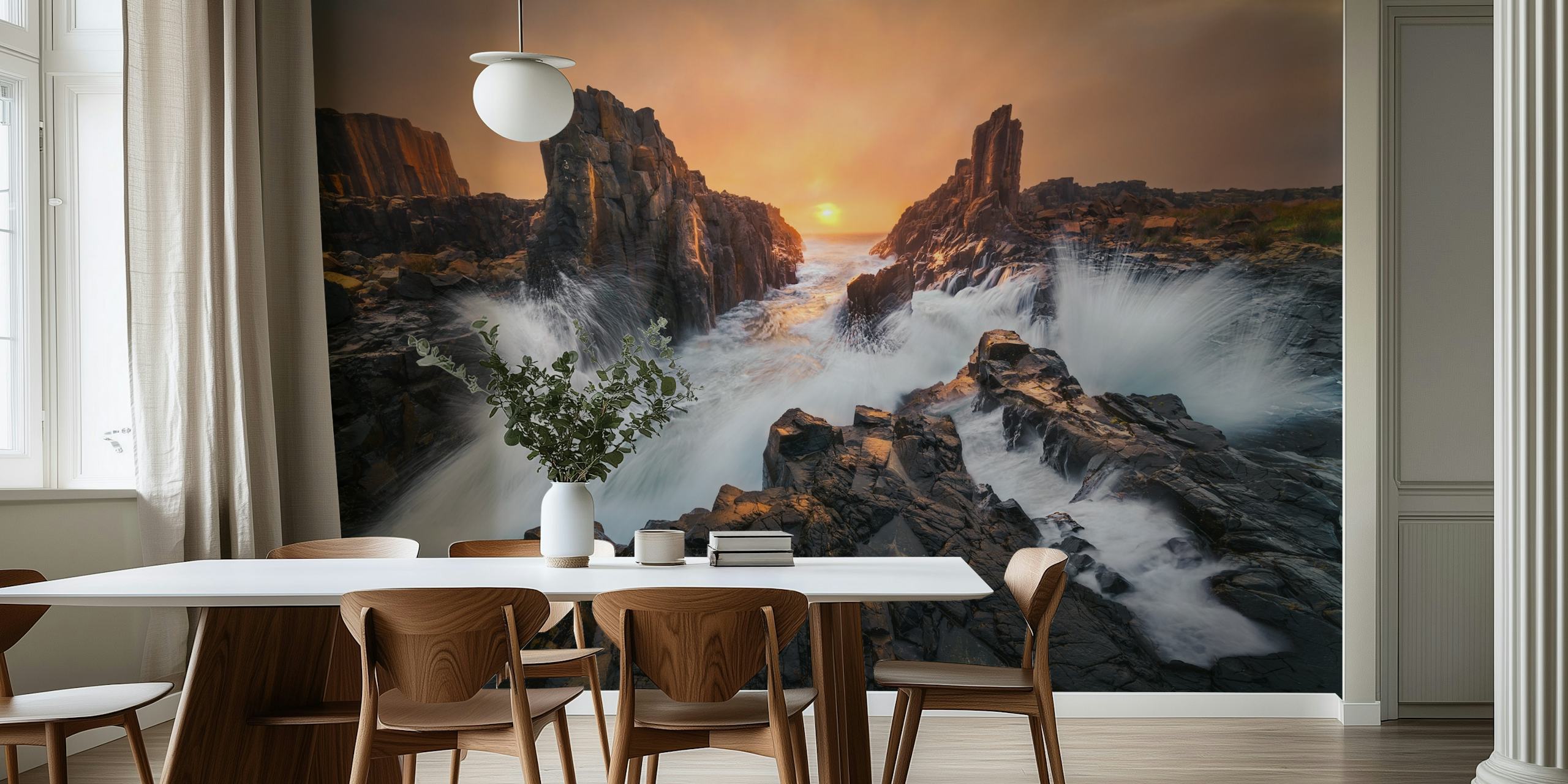 Coastal sunset with dynamic waves and rocky cliffs wallpaper
