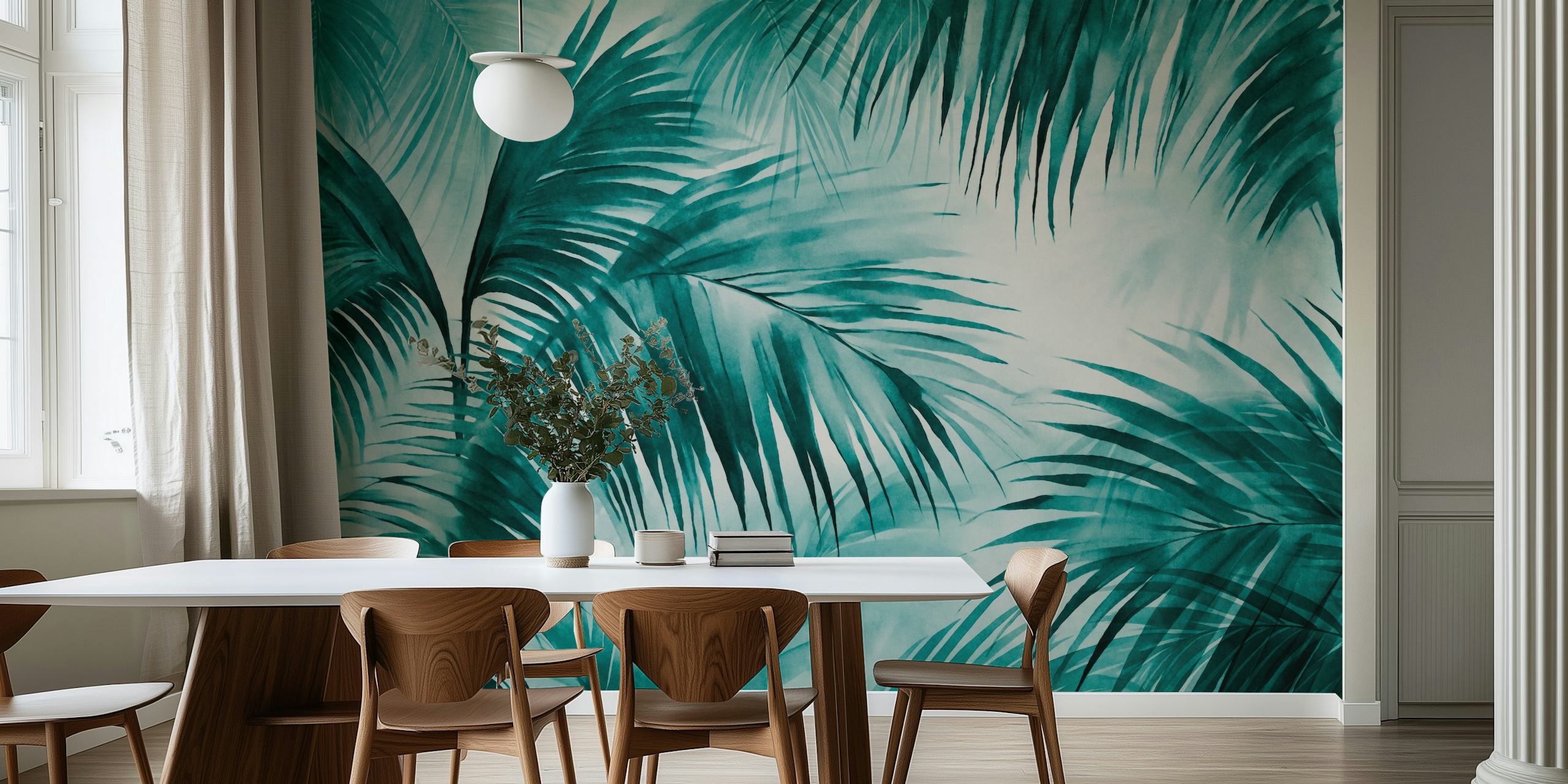 Tropical palm leaves in teal watercolor style wallpaper