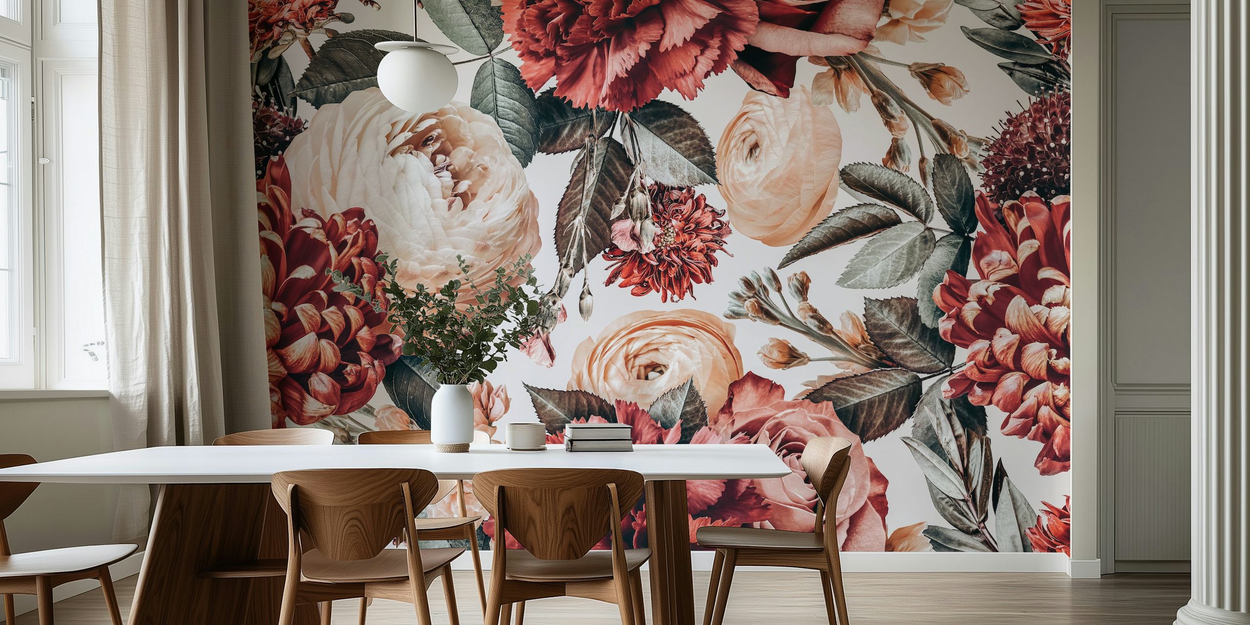 Floral pattern with red and cream roses and leaves wallpaper