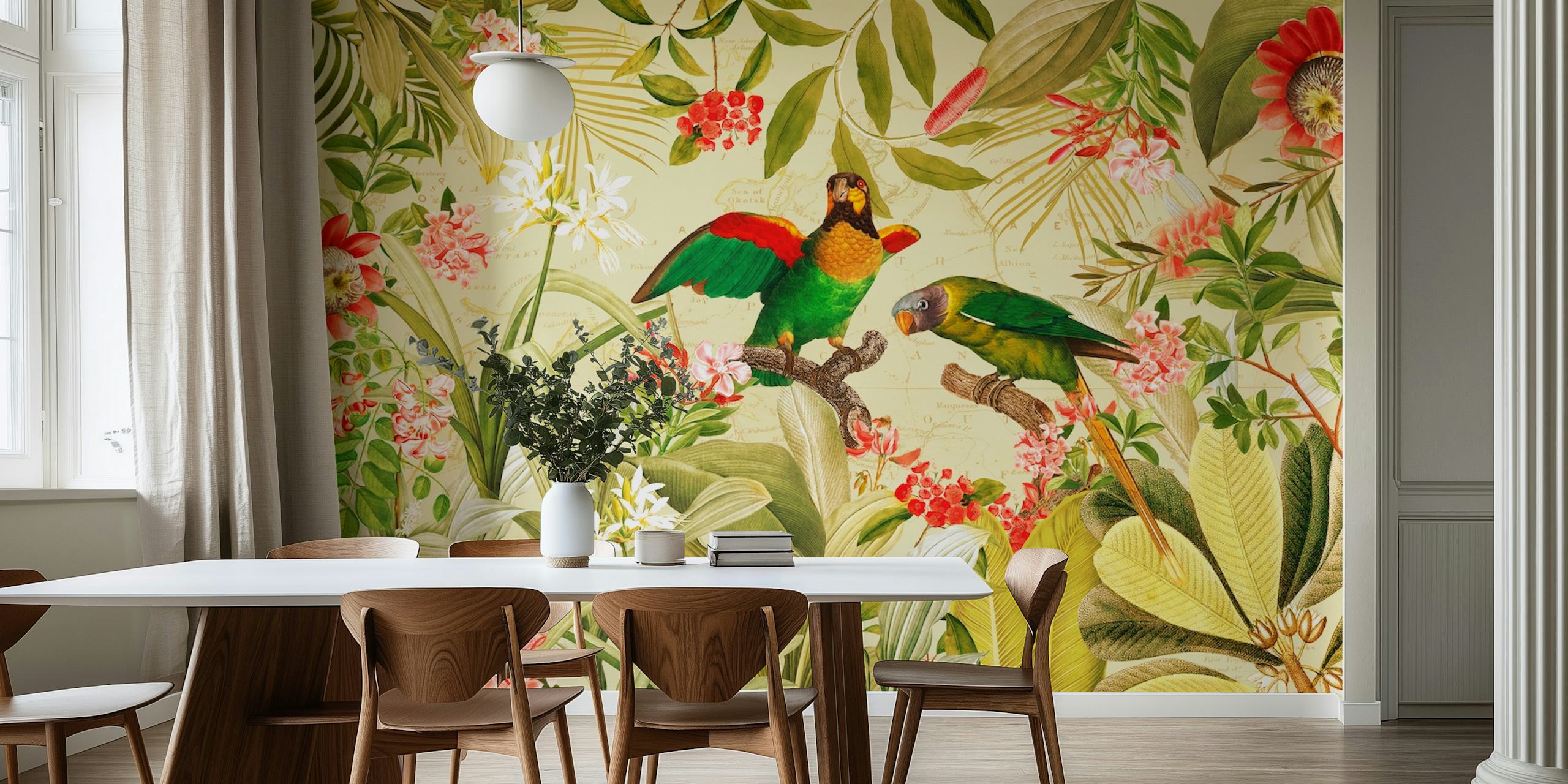 Tropical birds with colorful feathers, green leaves and flowers wallpaper