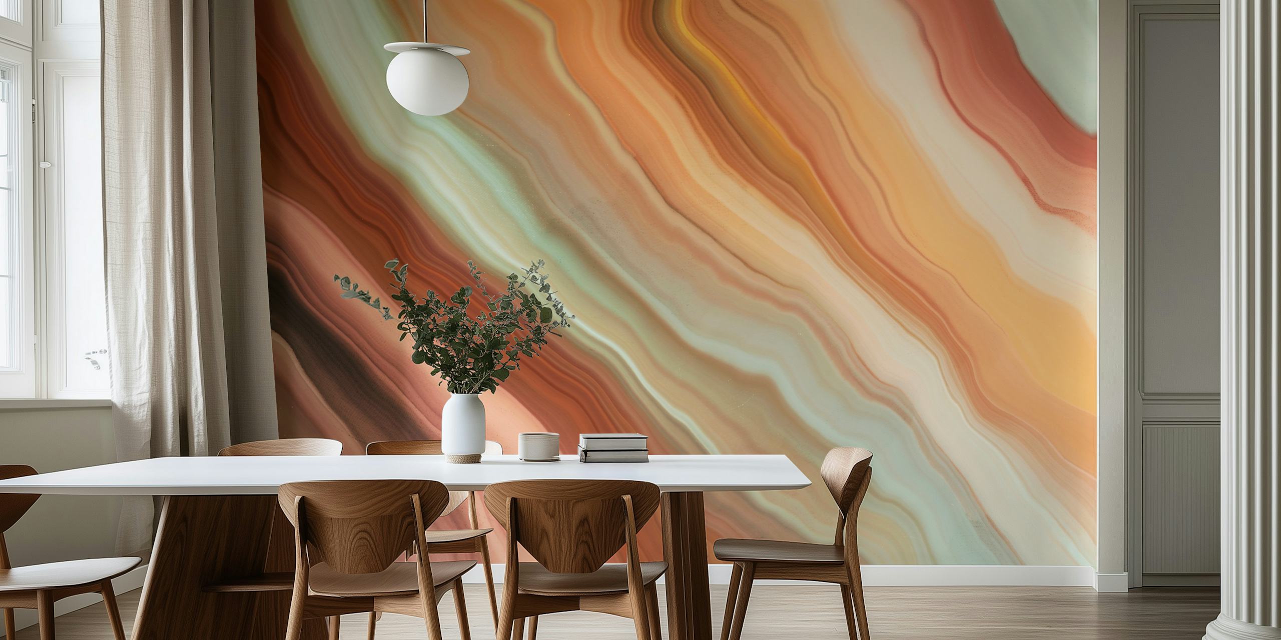 Modern marble watercolor design in peach, brown, and teal tones wallpaper