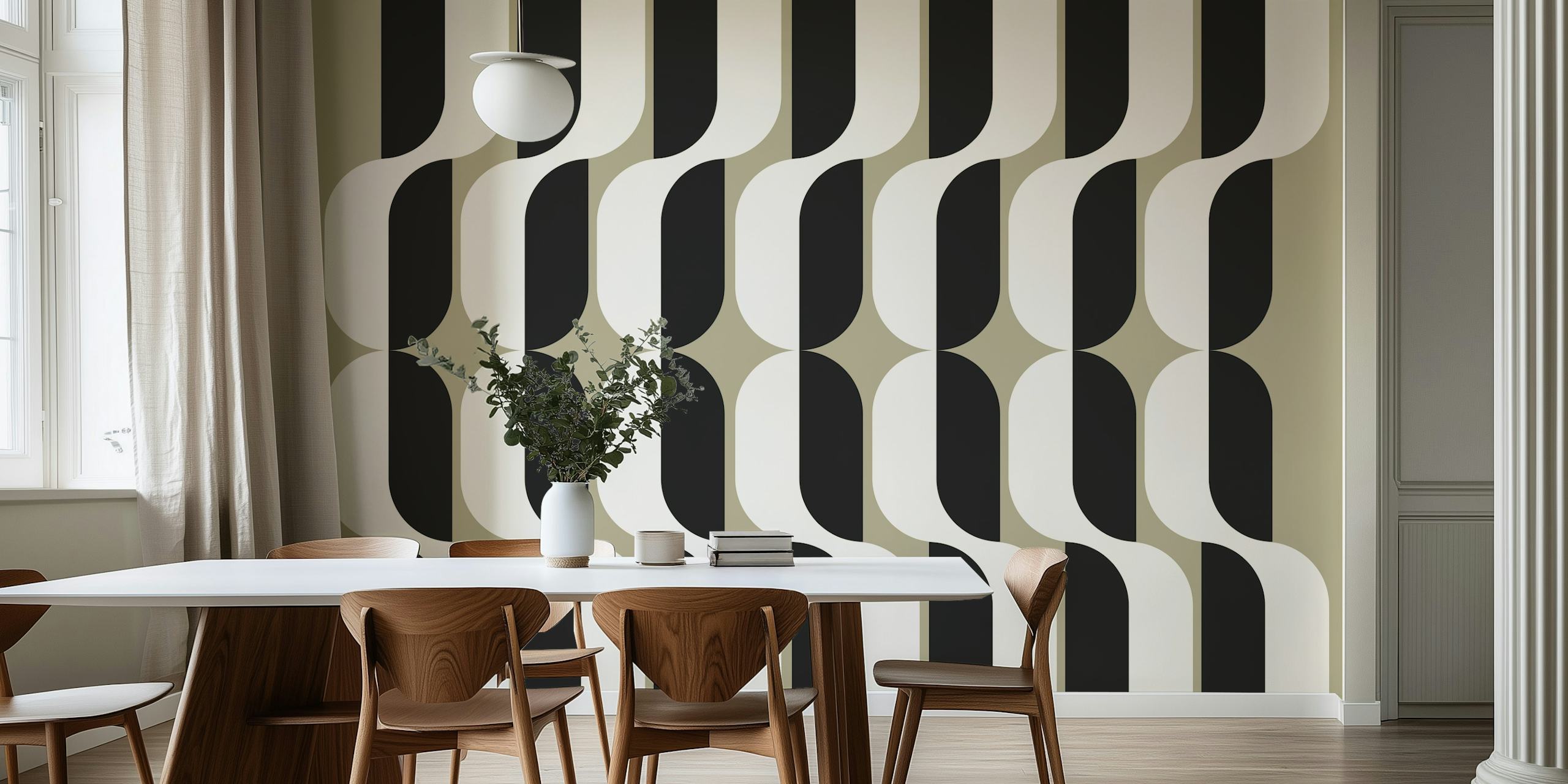 Geometric shapes in black, white, and cream tones wallpaper