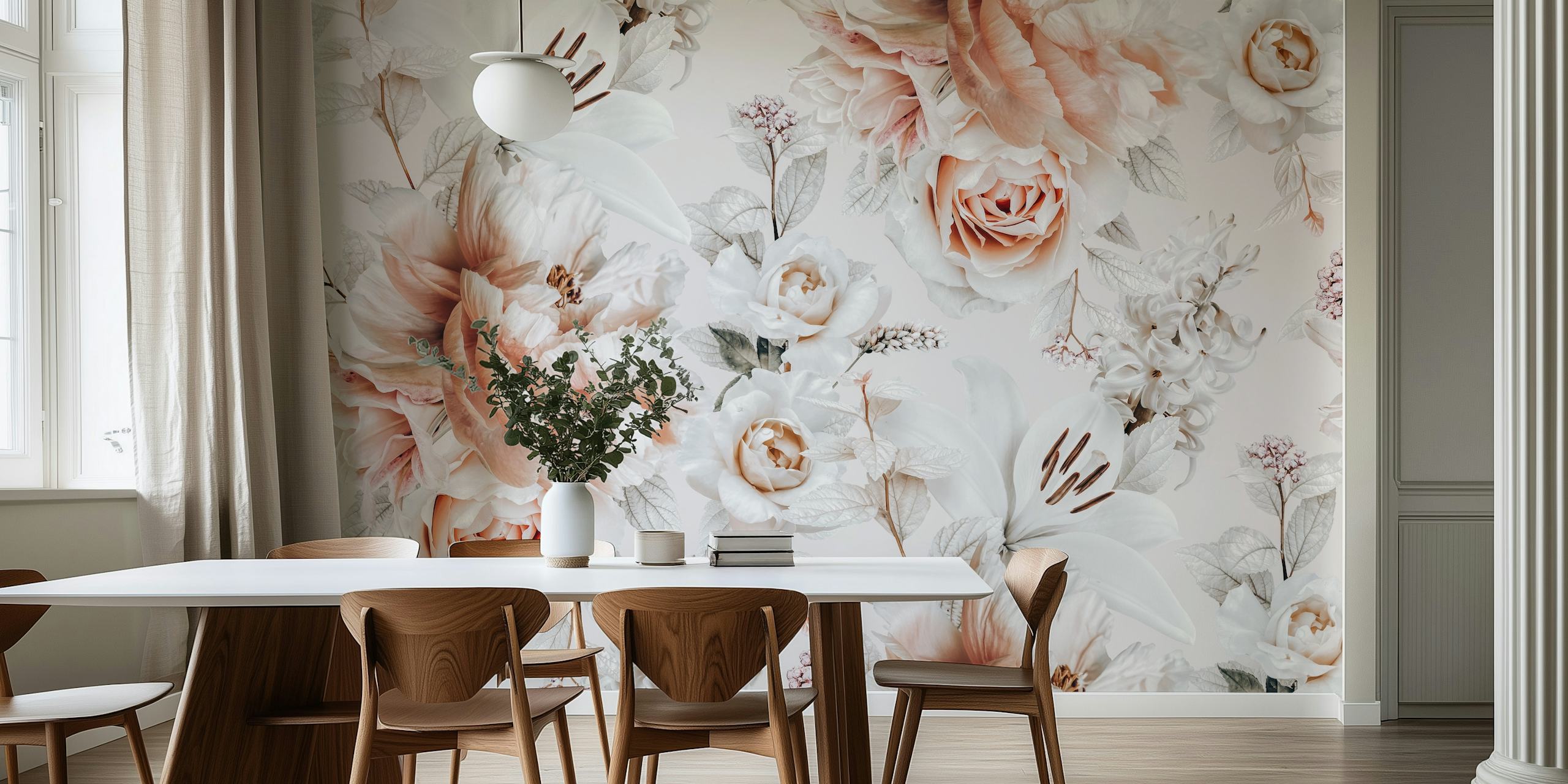 Pink floral wallpaper with roses and lilies in soft tones
