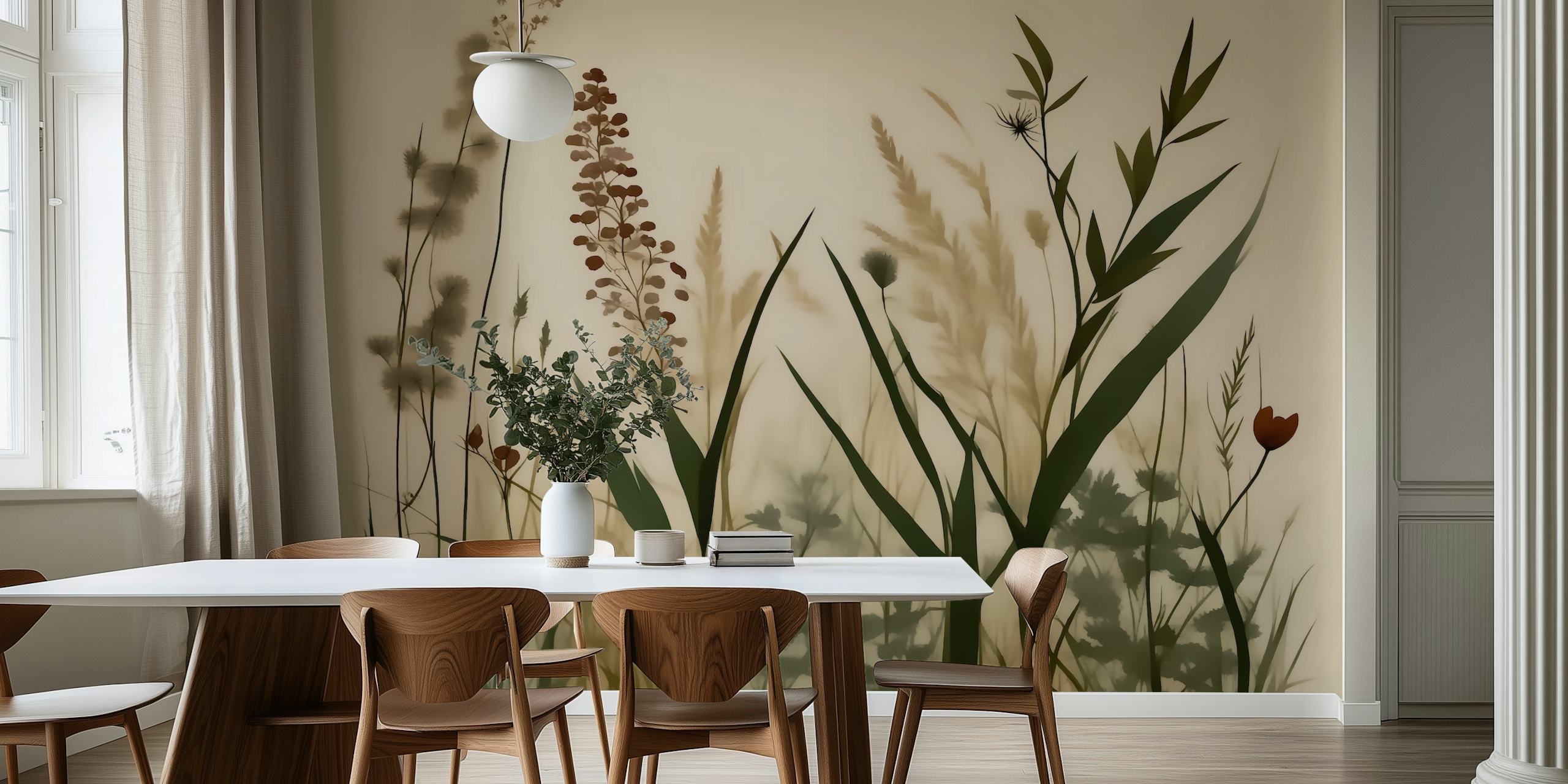 Minimalist floral Japandi-inspired wall mural with Scandinavian elements