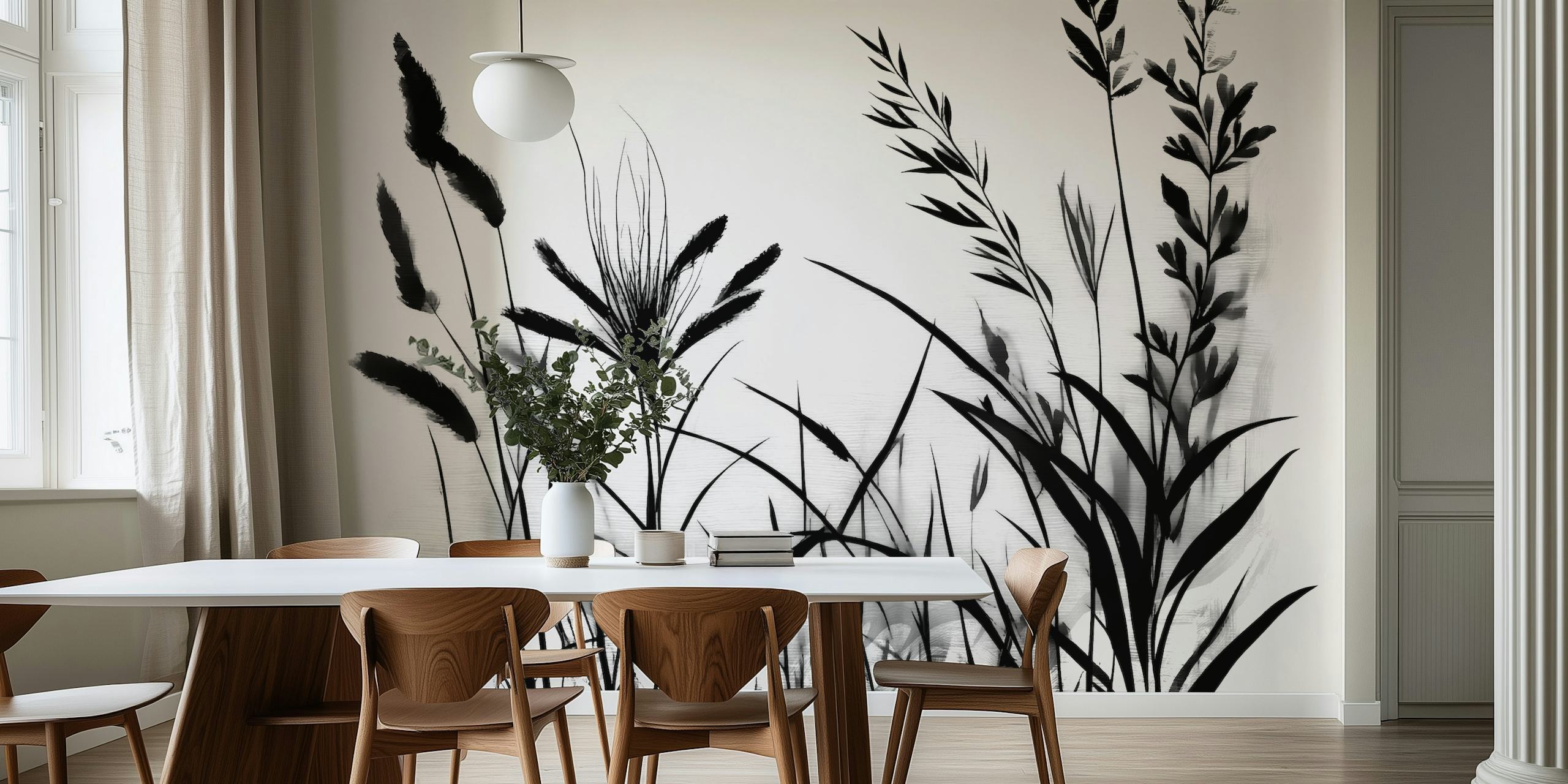 Black flowers and grass silhouettes on white background wallpaper