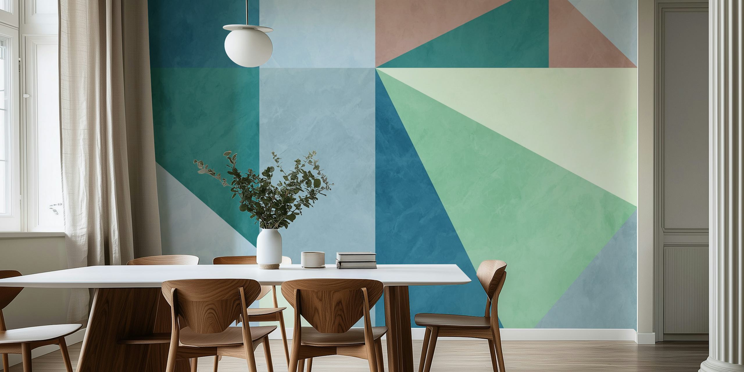 Geometric shapes in blue, green, and pink colors wallpaper