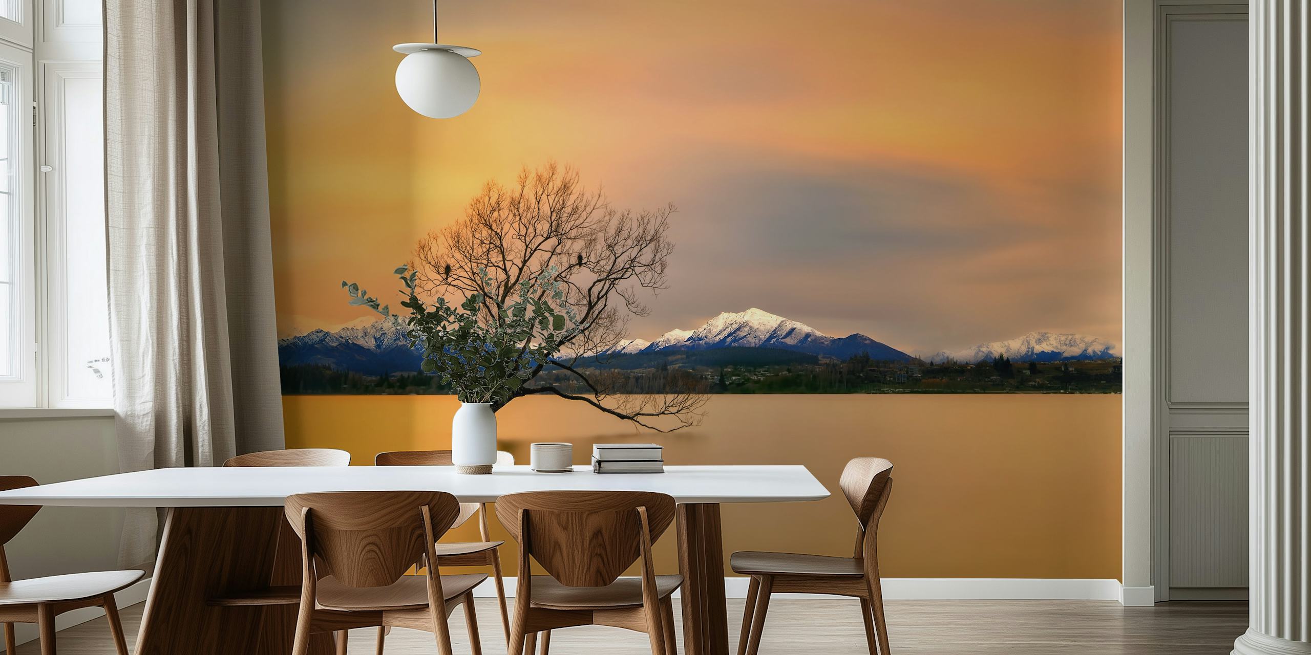 Lake Wanaka sunset with mountains and tree silhouette wallpaper