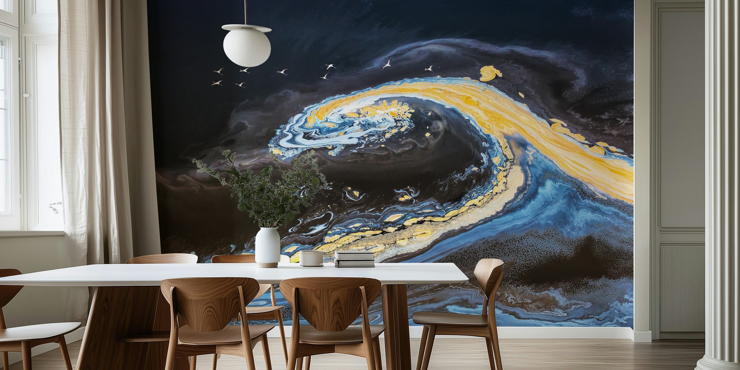 Colorful wave wallpaper displayed in a room