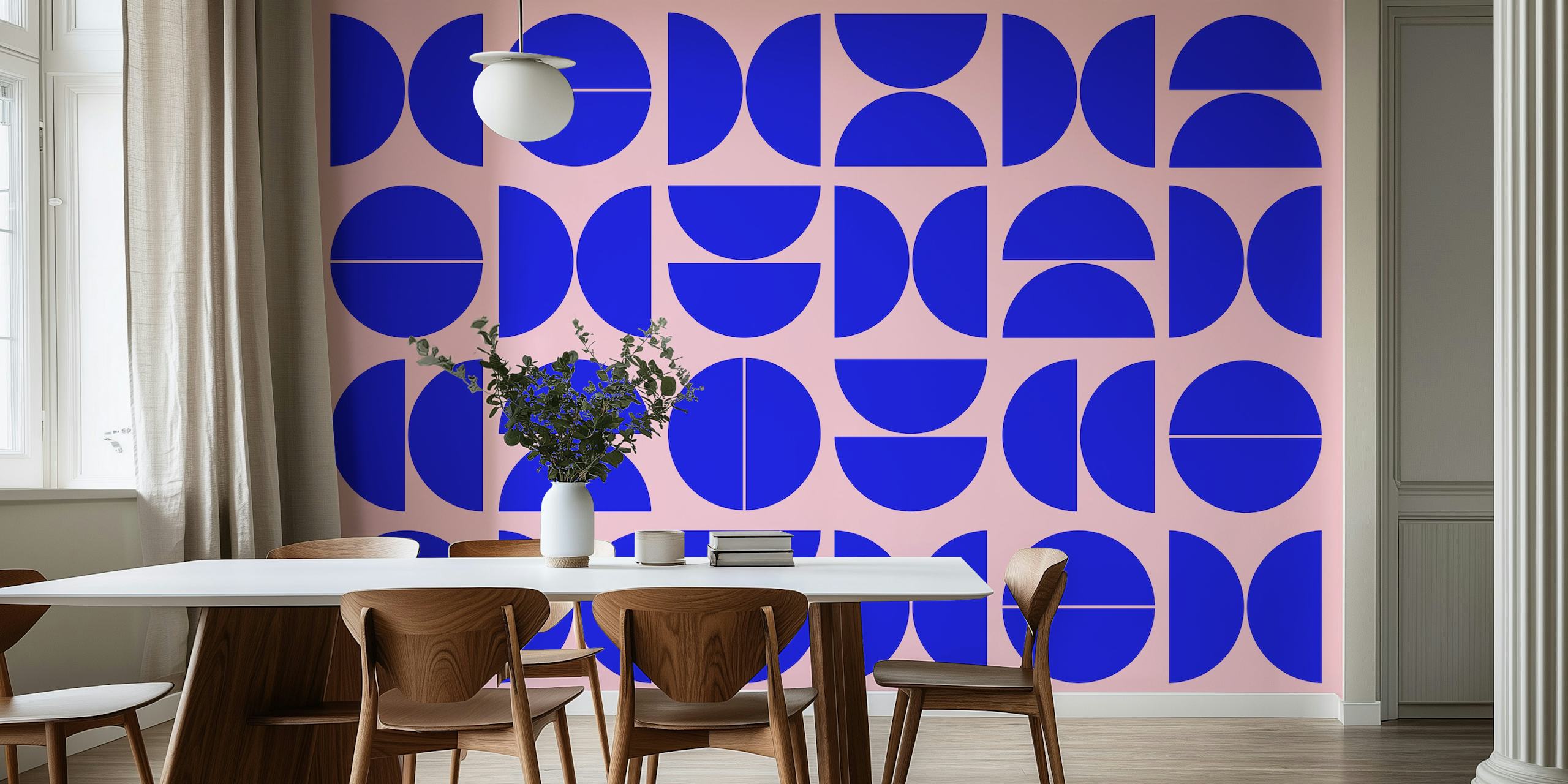 Blue geometric patterns on pink background wallpaper