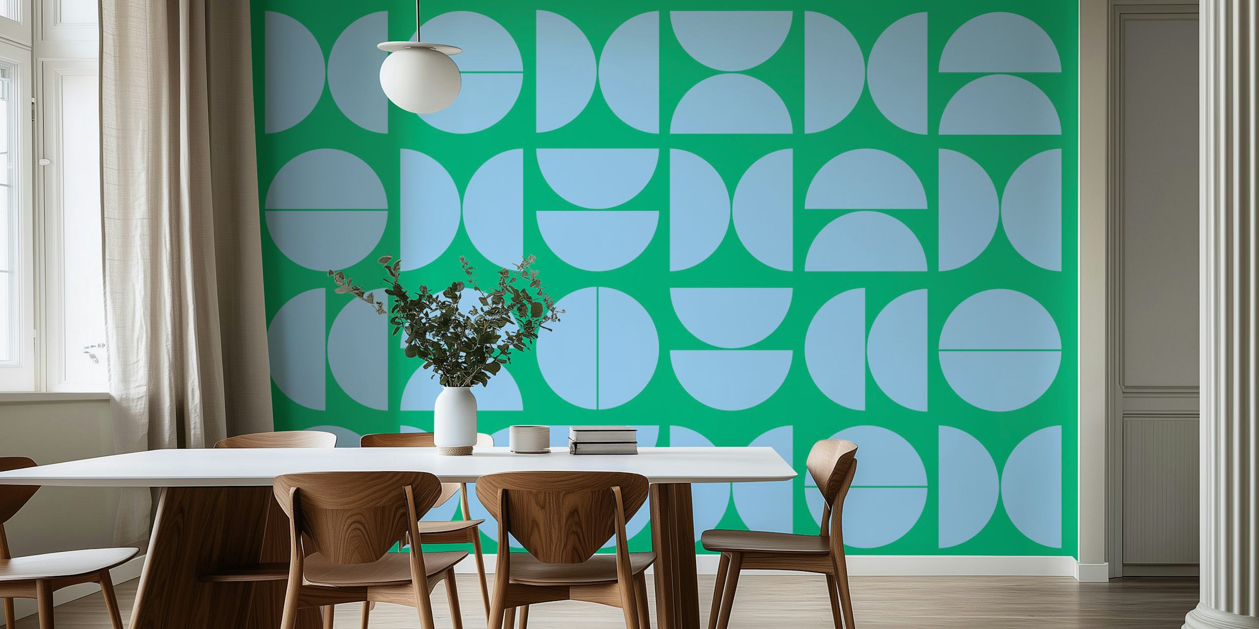 Geometric patterns in blue and green mid-century wallpaper