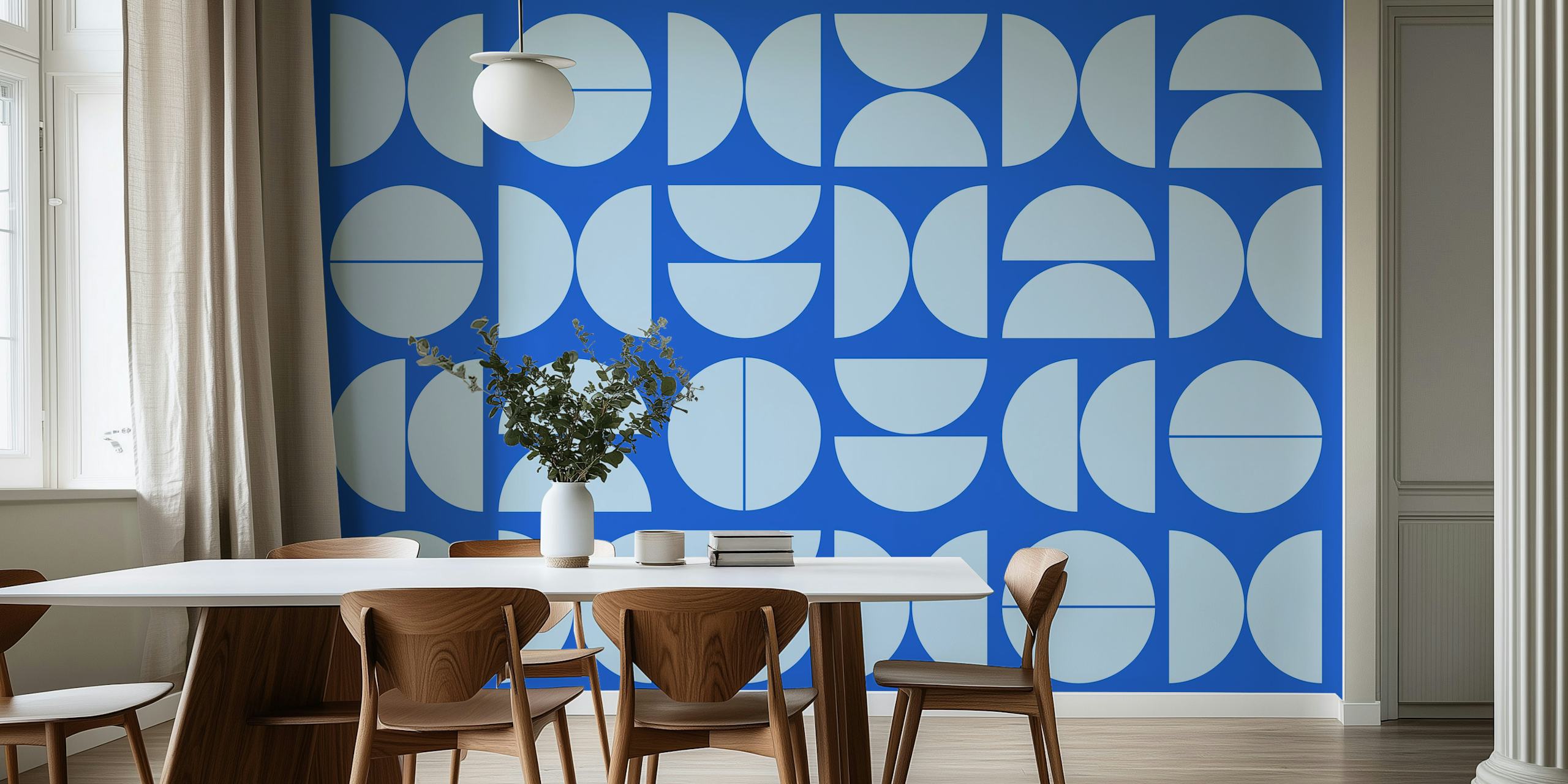 Modern blue geometric wallpaper in a room