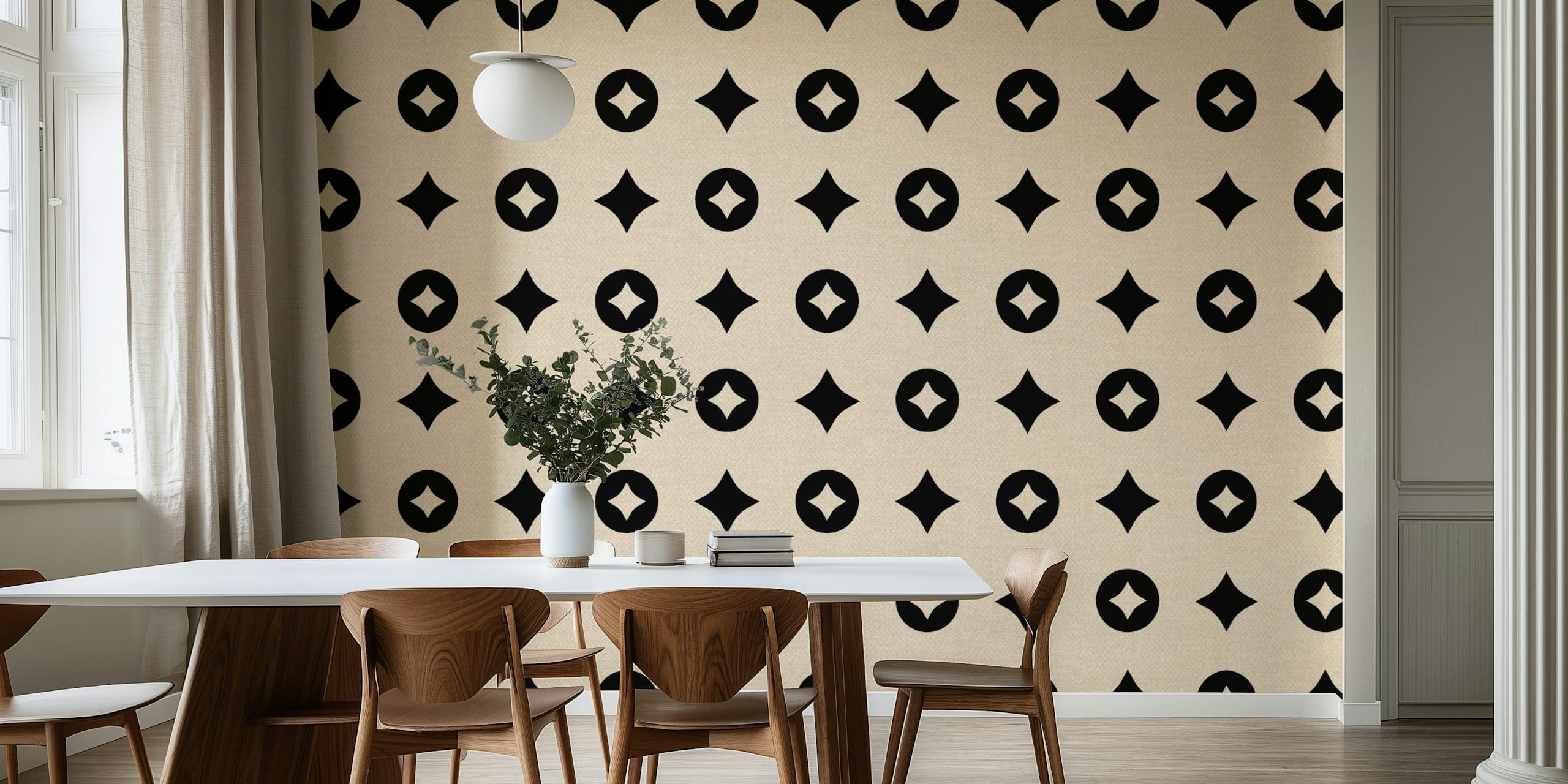 Tan black geometric starburst pattern wallpaper