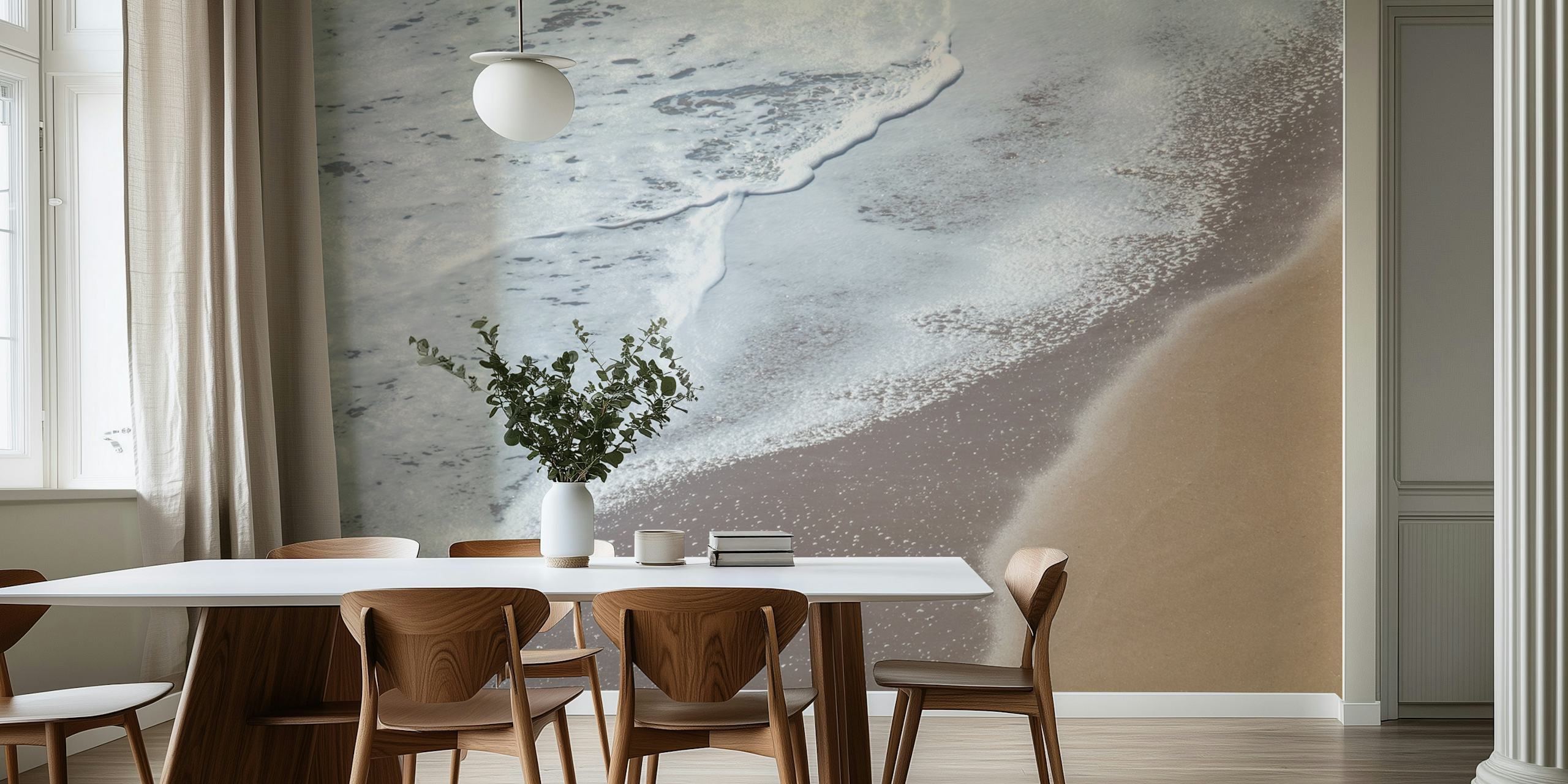 Beach waves meeting sandy shore, natural colors wallpaper