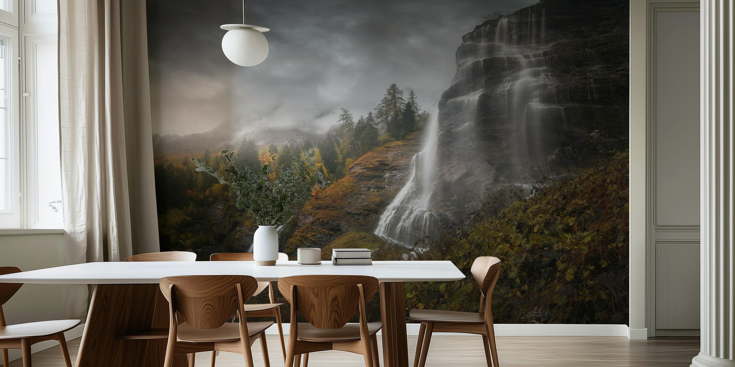 Majestic waterfall cascading down rocky mountain landscape wallpaper