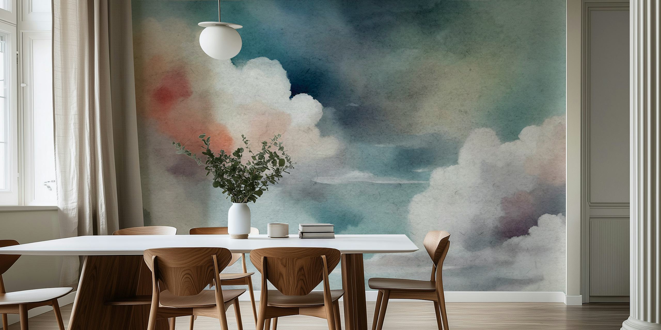 Akvarell Clouds tapet med mjuka blåtoner och pastellfärger