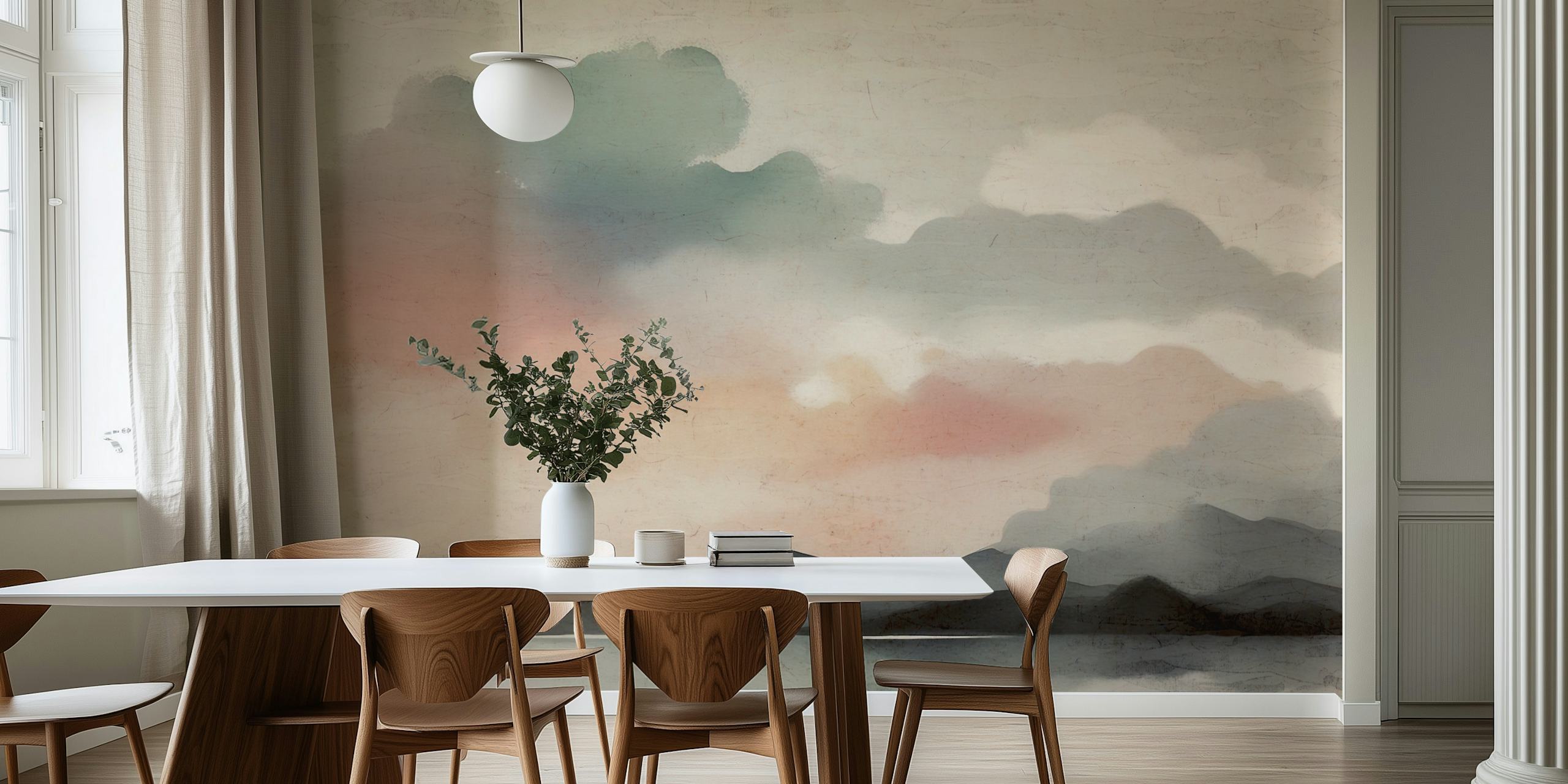Watercolor Morning Clouds wall mural with soft grays, pinks, and oranges over rolling hills and calm waters.