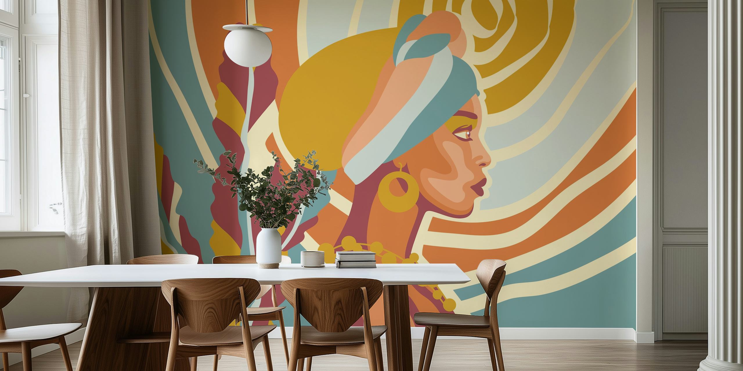Colorful profile portrait of a woman with a headwrap and foliage background wallpaper