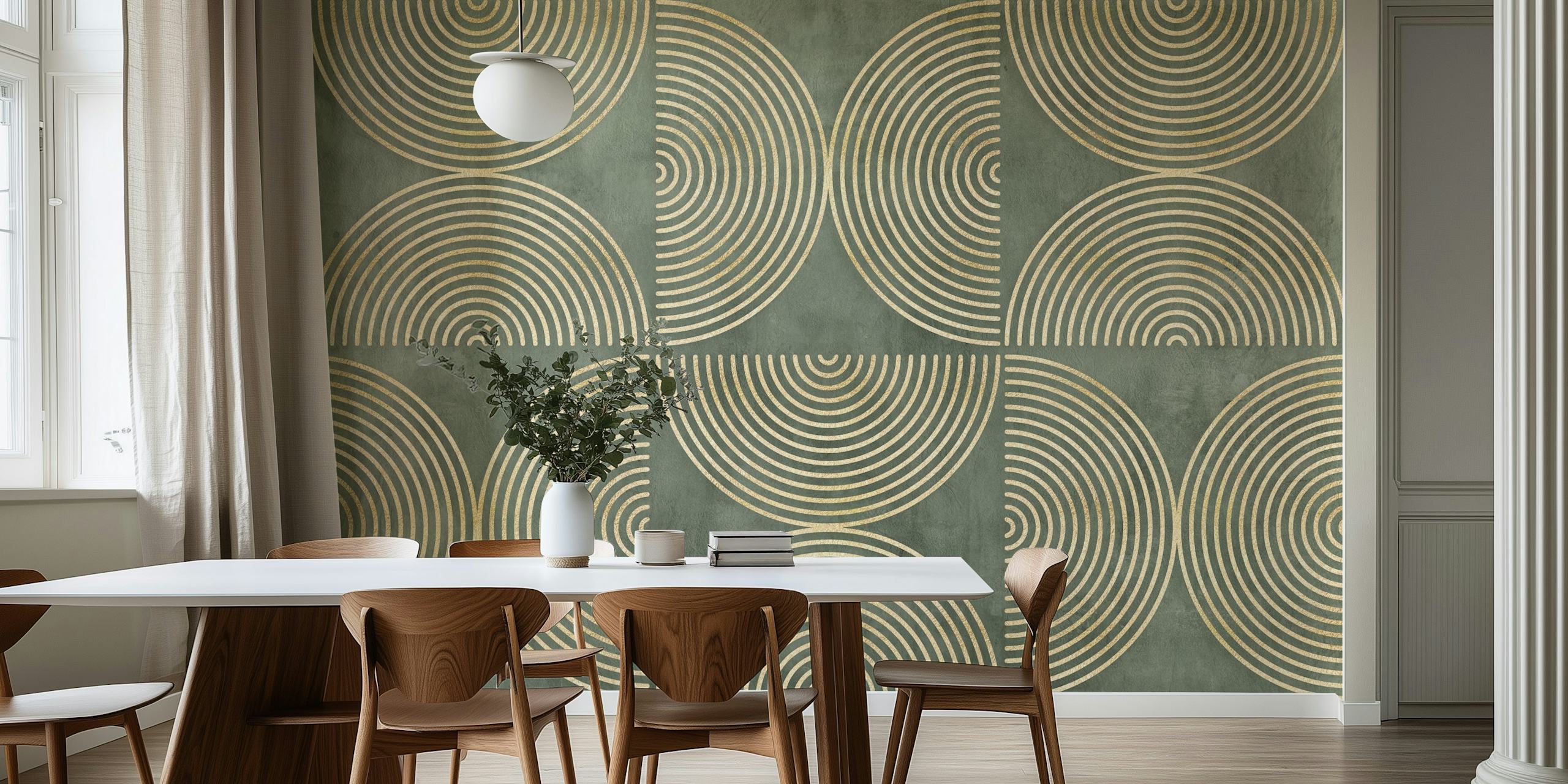 Geometric gold circle design on green wallpaper