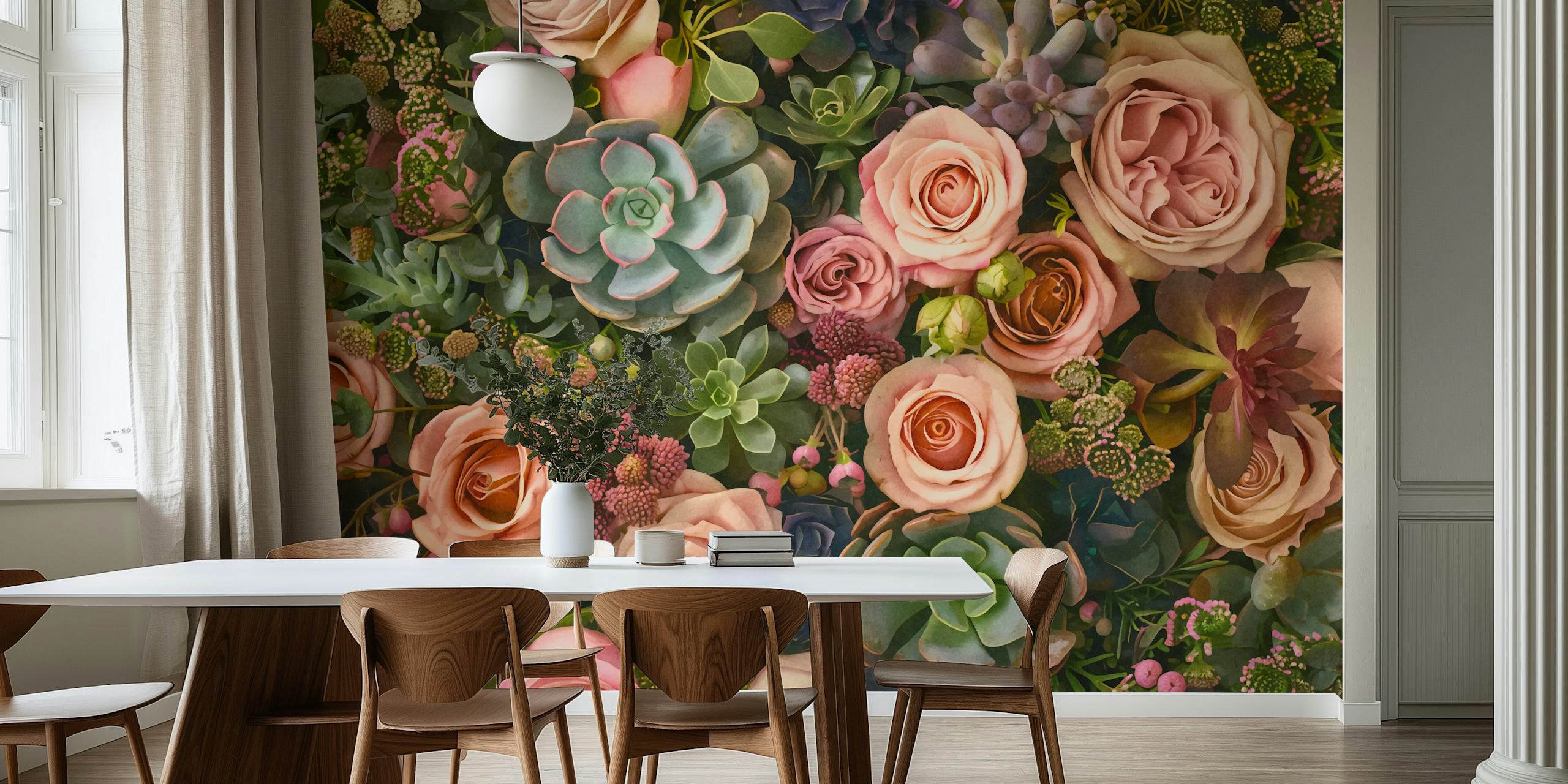Decorazione murale da giardino succulenta color pesca e verde acqua con rose del deserto e varie piante grasse