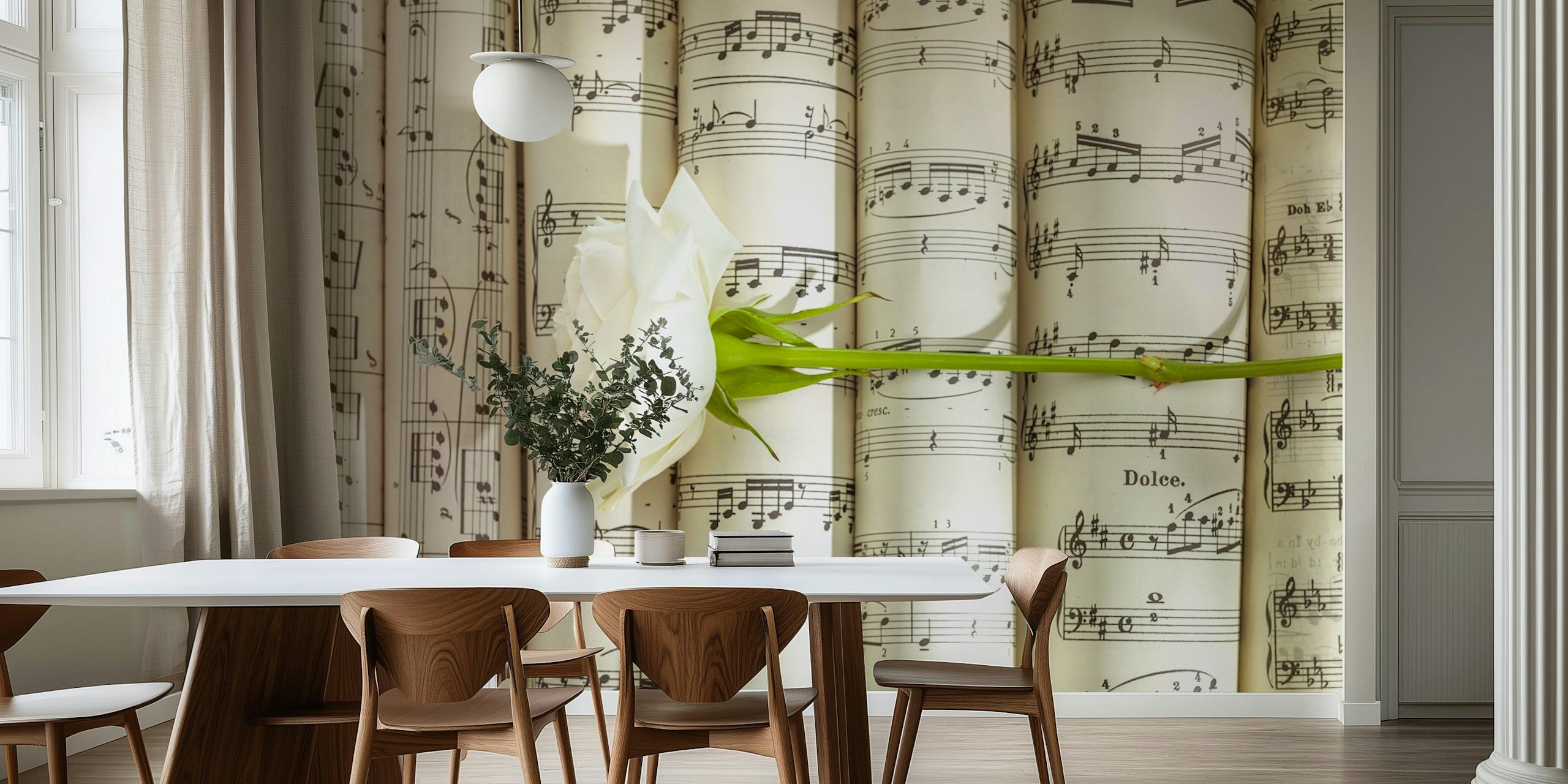 Sheet music wall mural with a white flower - Harmonious Melody