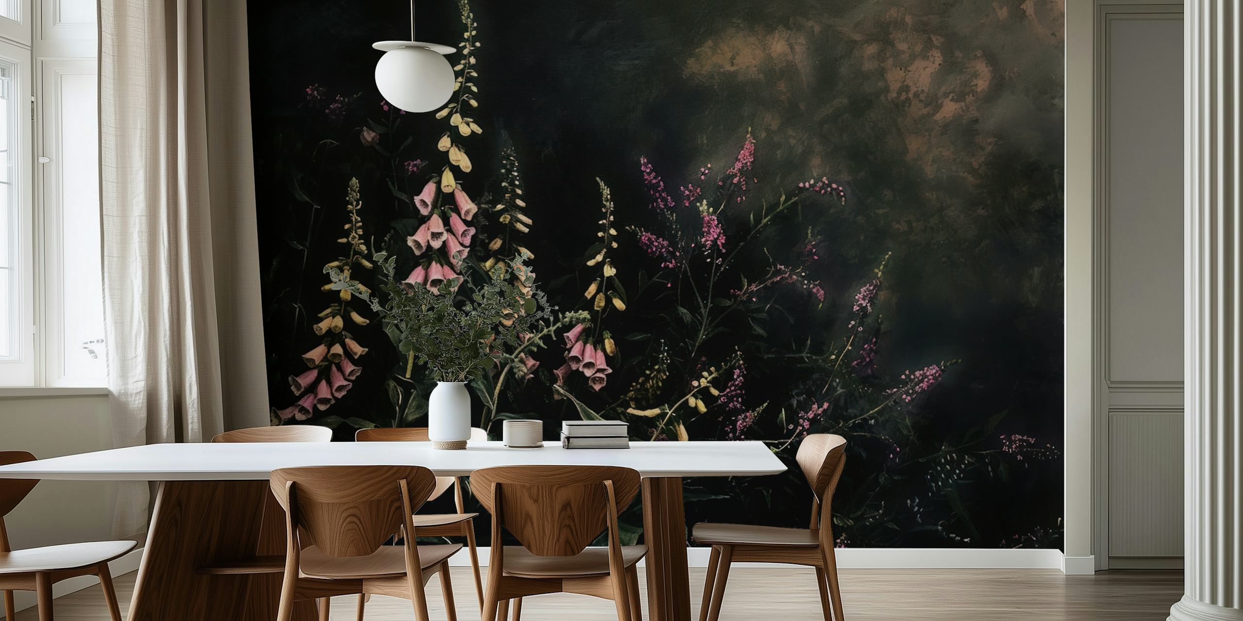 Foxglove flowers against a dark background in floral wallpaper