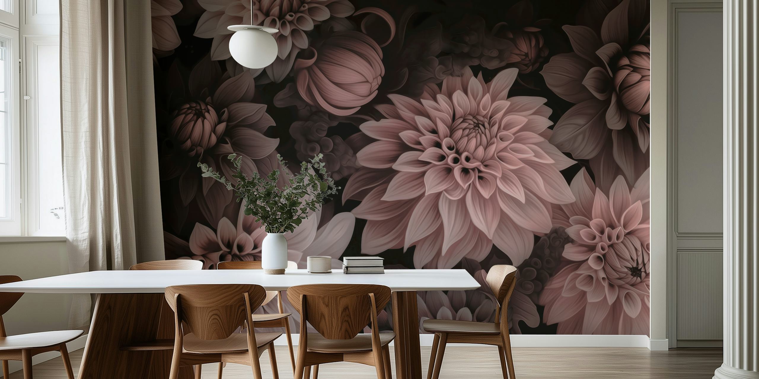 Opulent Moody Dahlia Flowers Smoke Pink behang in de kamer