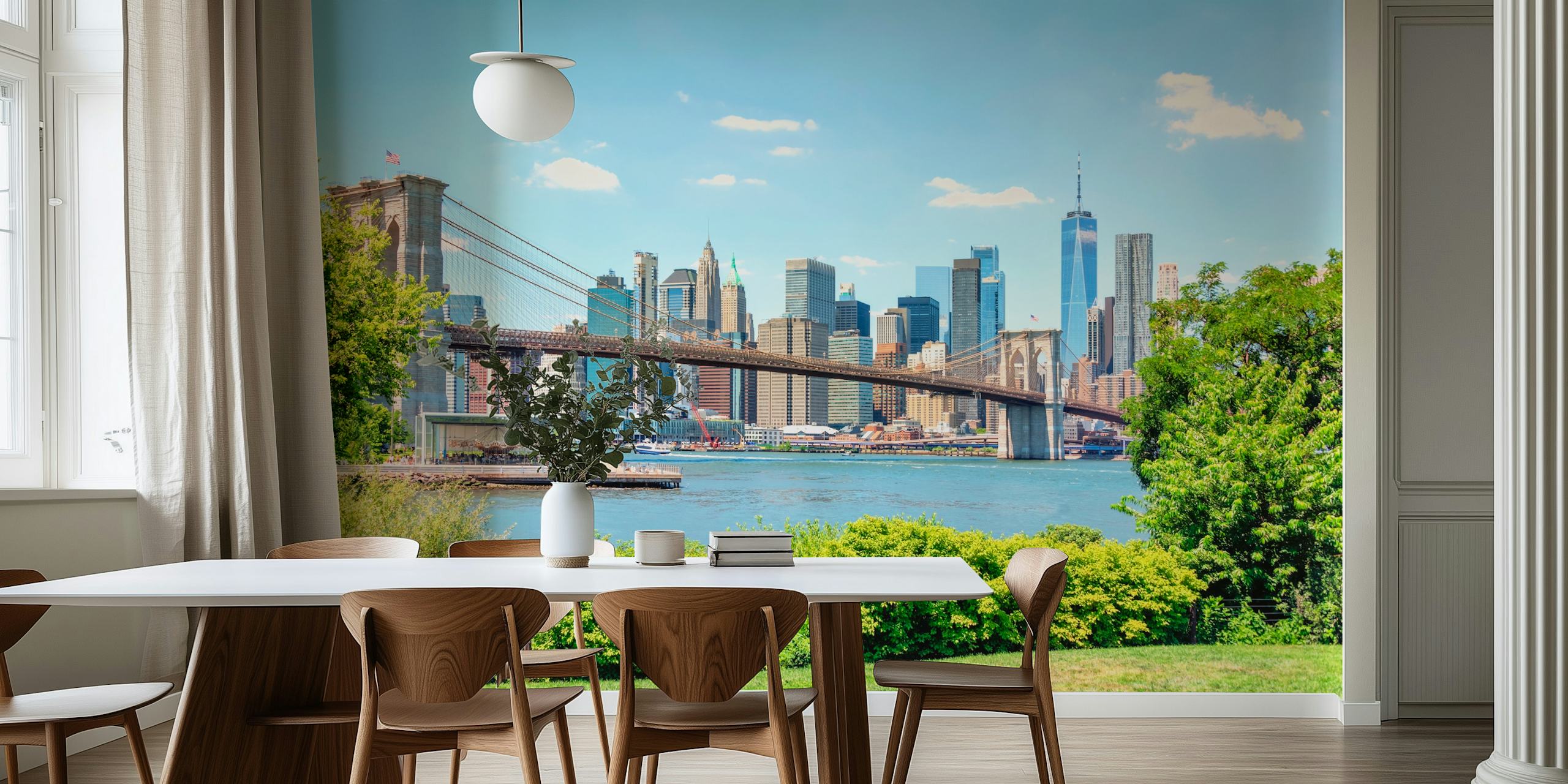 Brooklyn Bridge and Manhattan skyline wall mural with greenery and blue sky