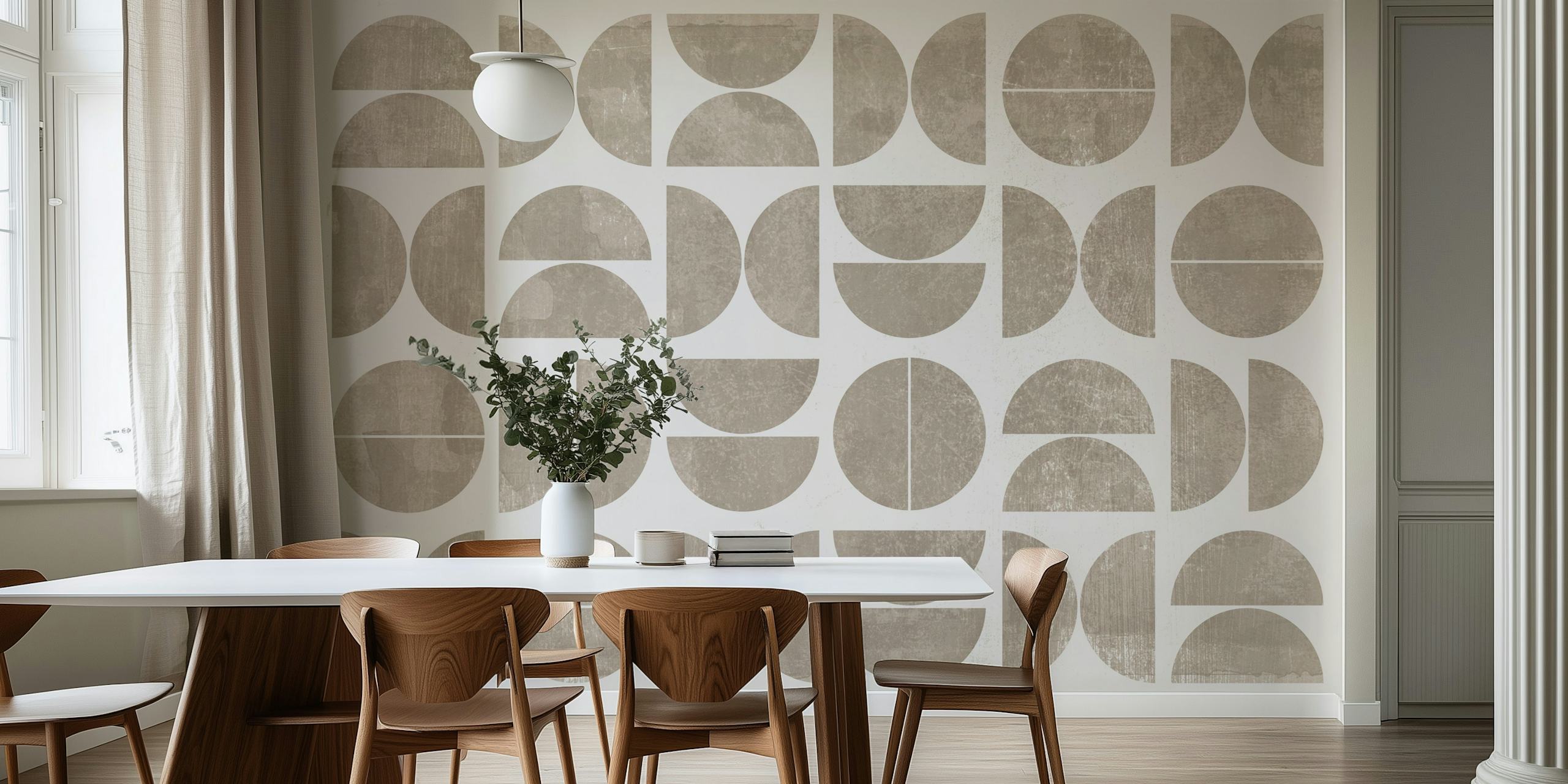 Geometric tan wallpaper with circular patterns on a light background