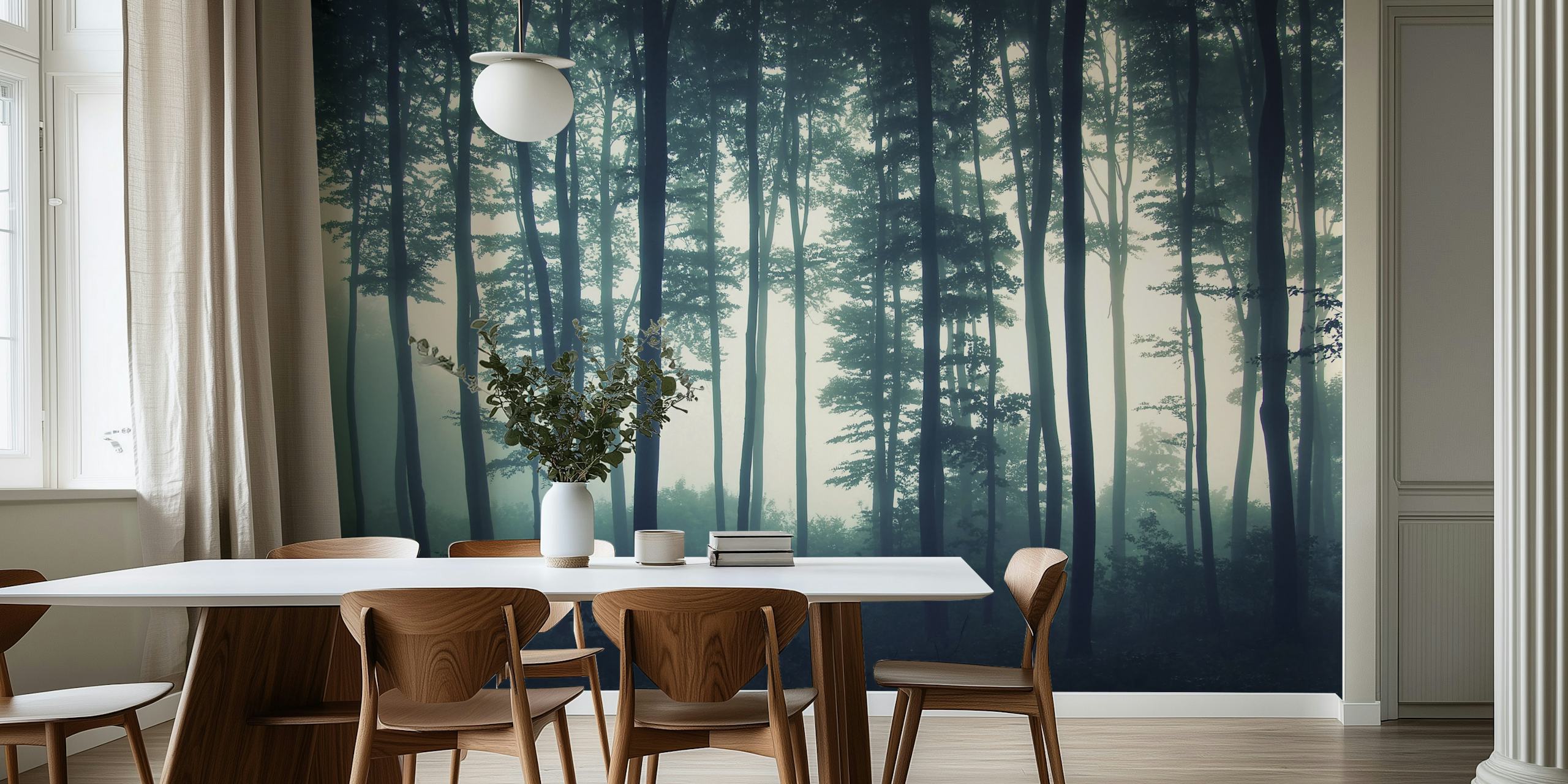 Papel tapiz que presenta una escena de bosque brumoso