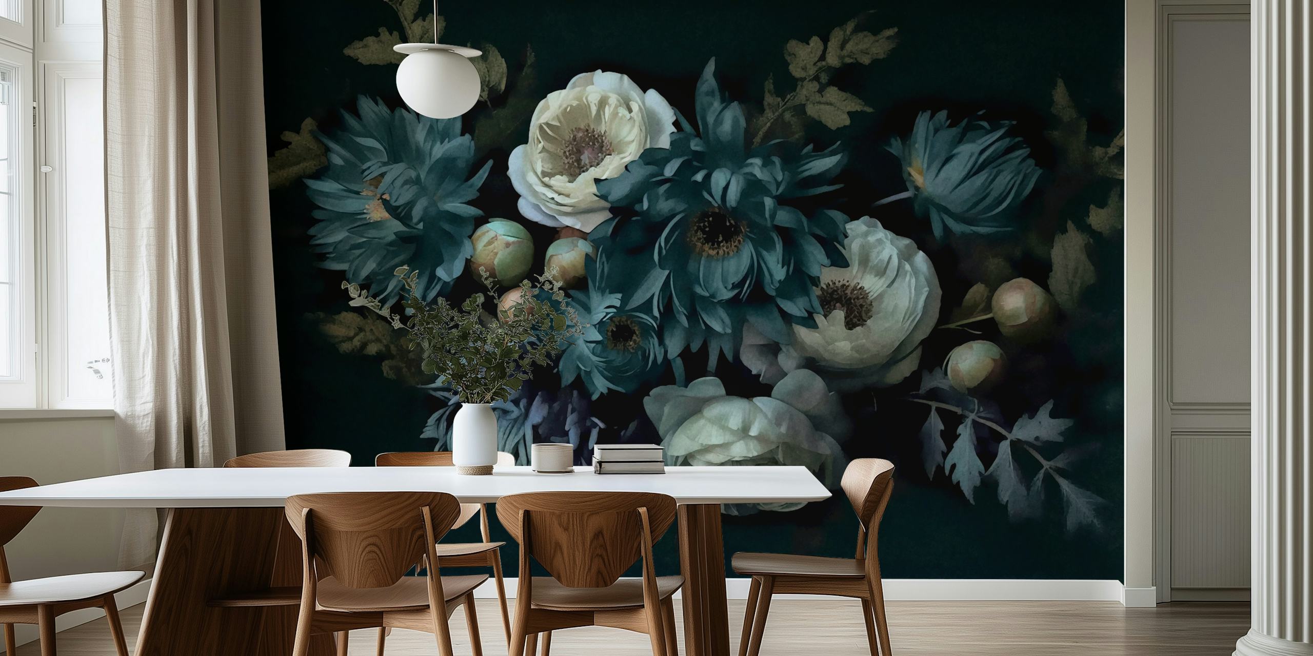 Blauwe Ivory bloemenbehang in een kamer