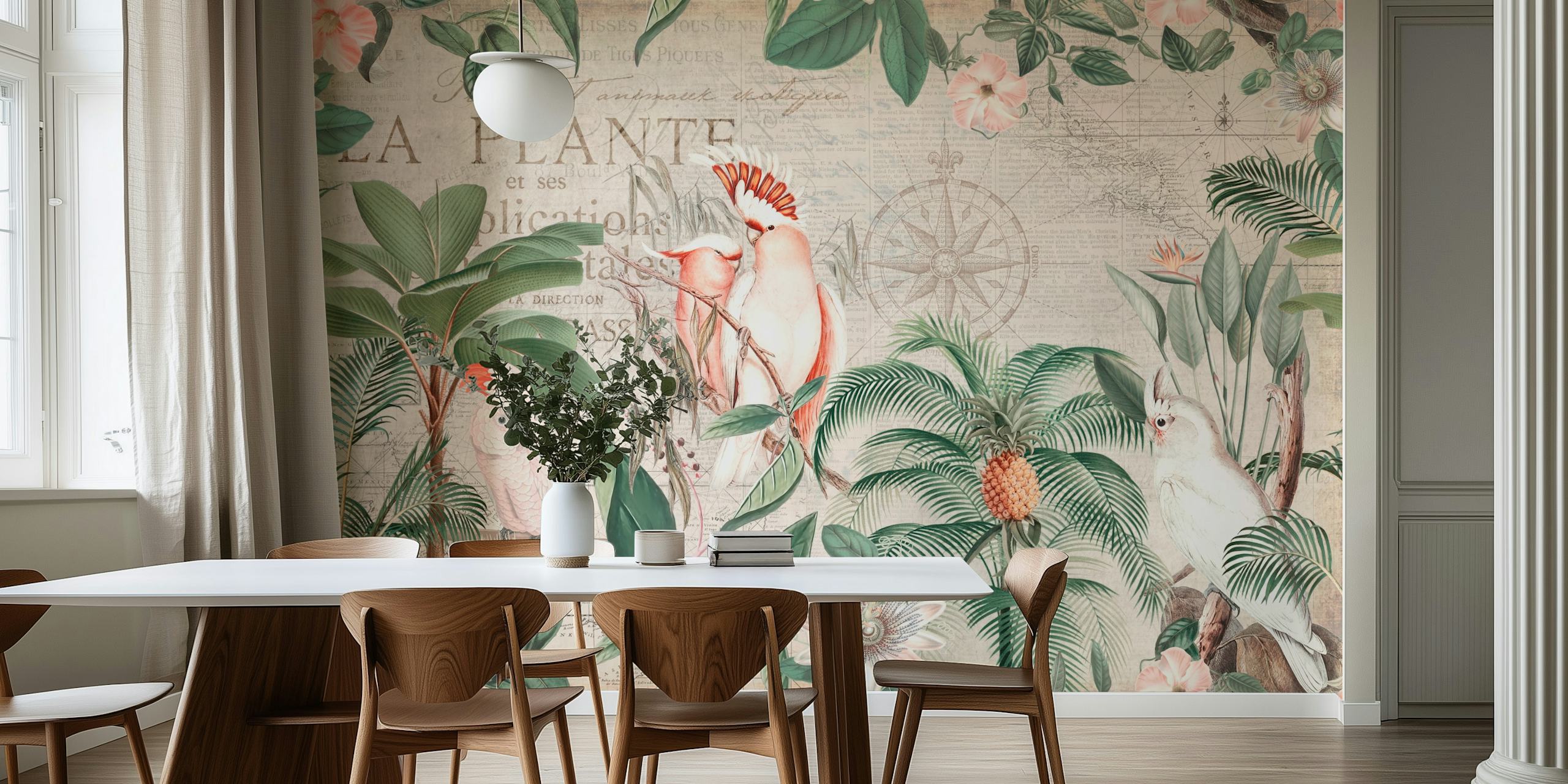 Tropical cockatoos and flowers in green foliage wallpaper