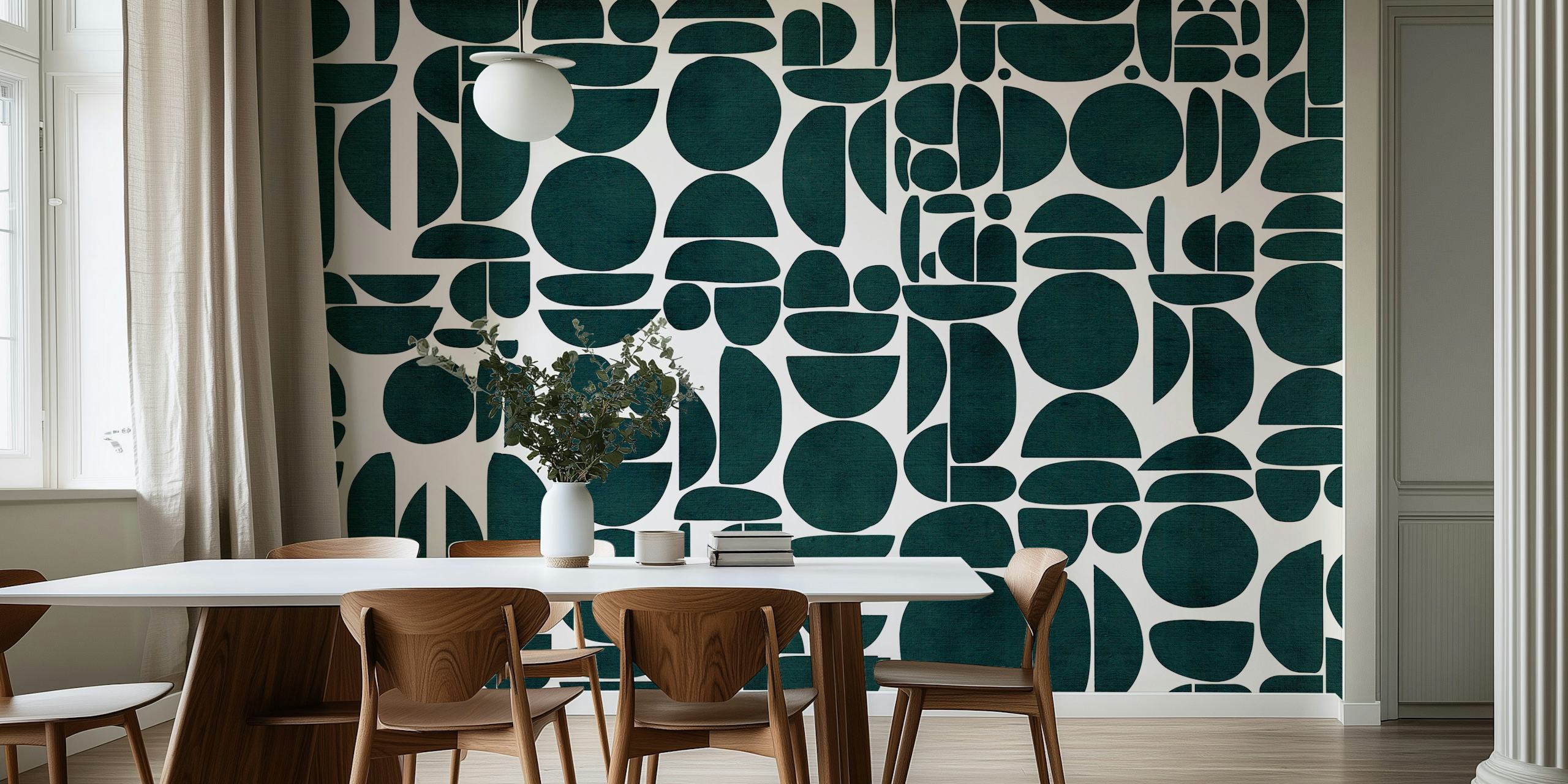 Bauhaus Teal Canvas Texture Cutout Geo wallpaper in a room