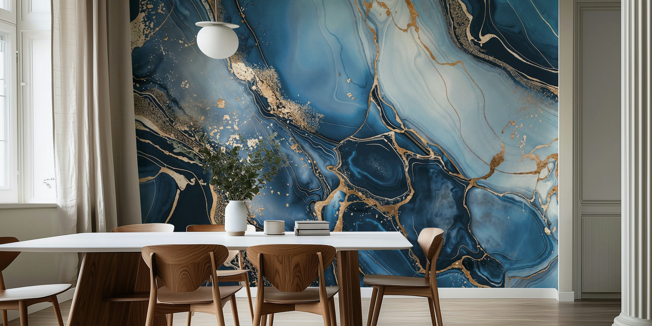 Luxurious blue and gold marble-patterned wall mural evoking elegance and high-end style