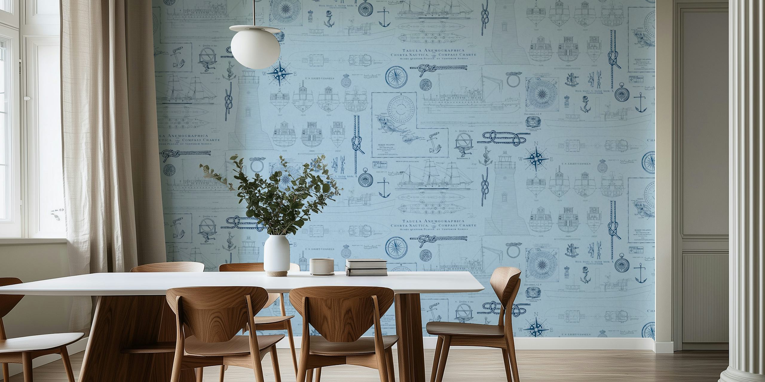 Vintage nautical-themed wall mural with ships and compass designs