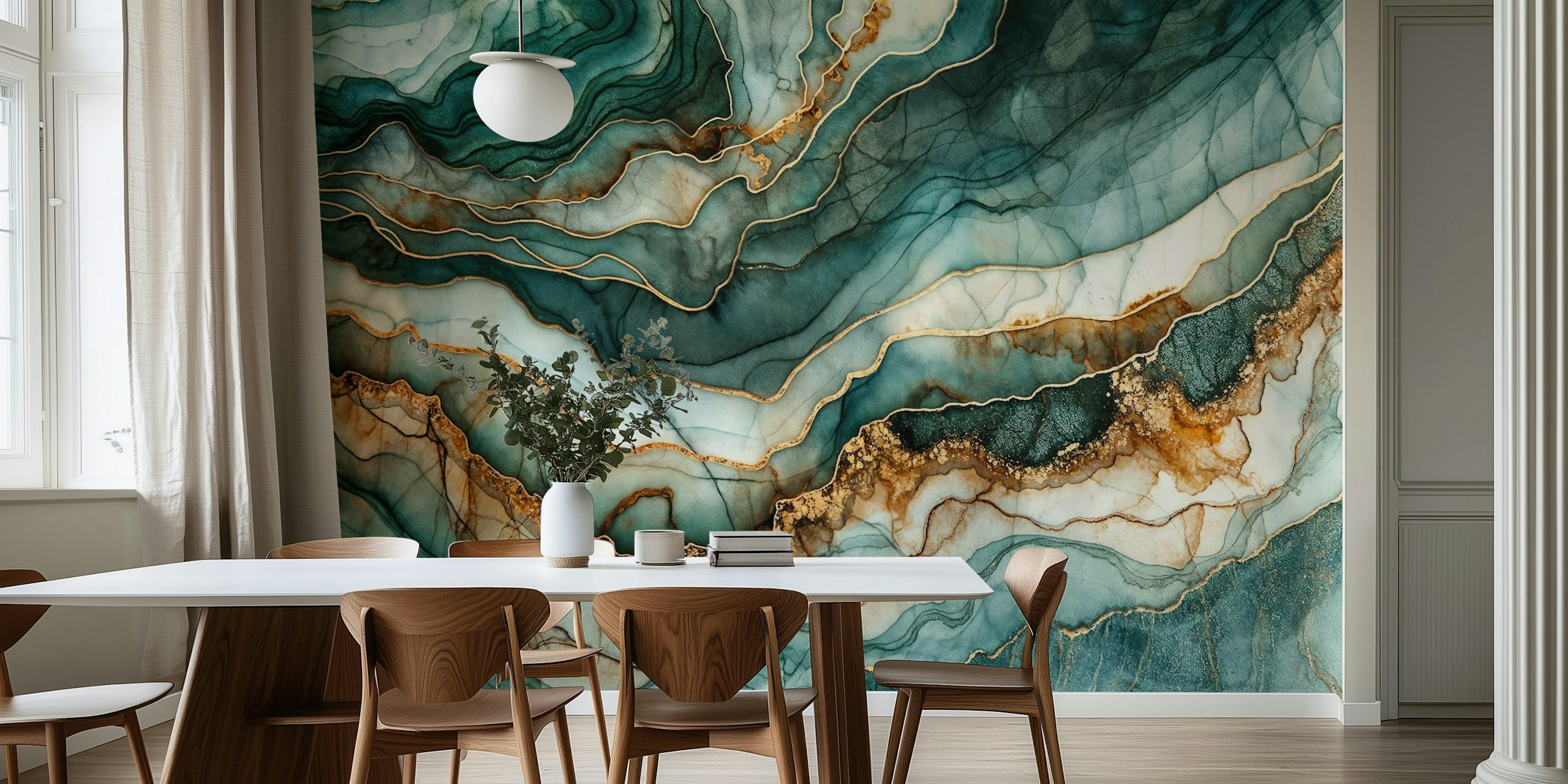 Teal and gold marble wallpaper design