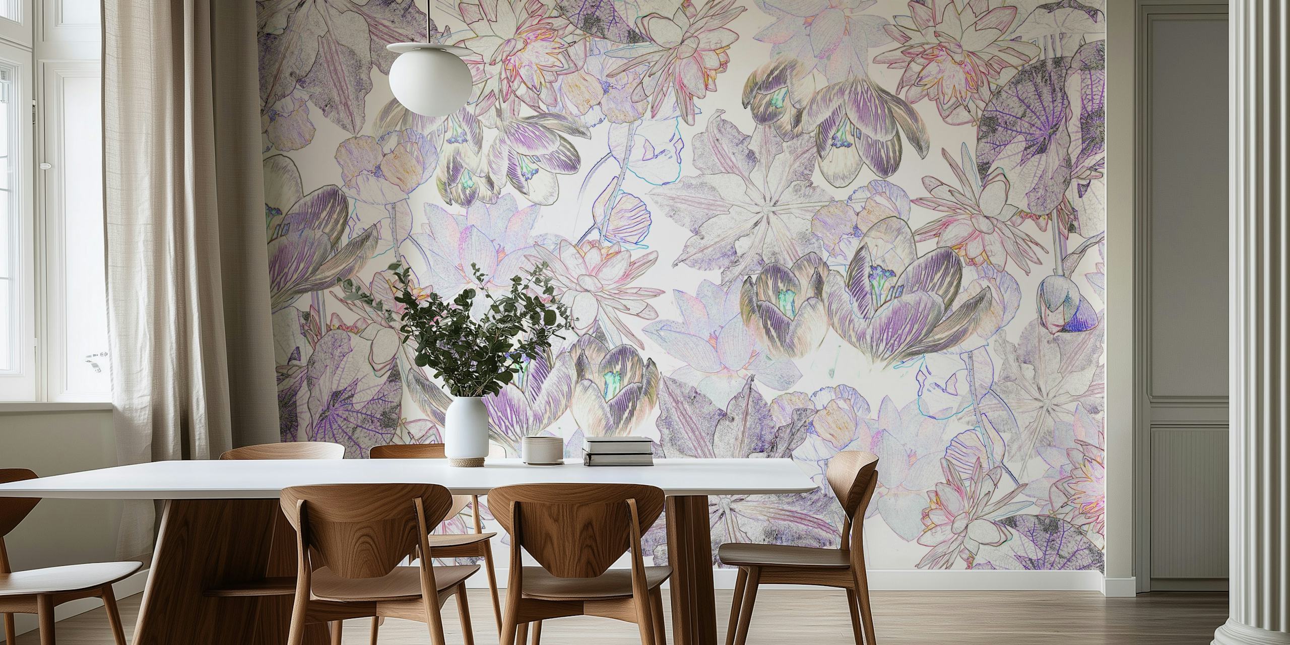 X-ray floral design featuring soft purple and pastel hues wallpaper