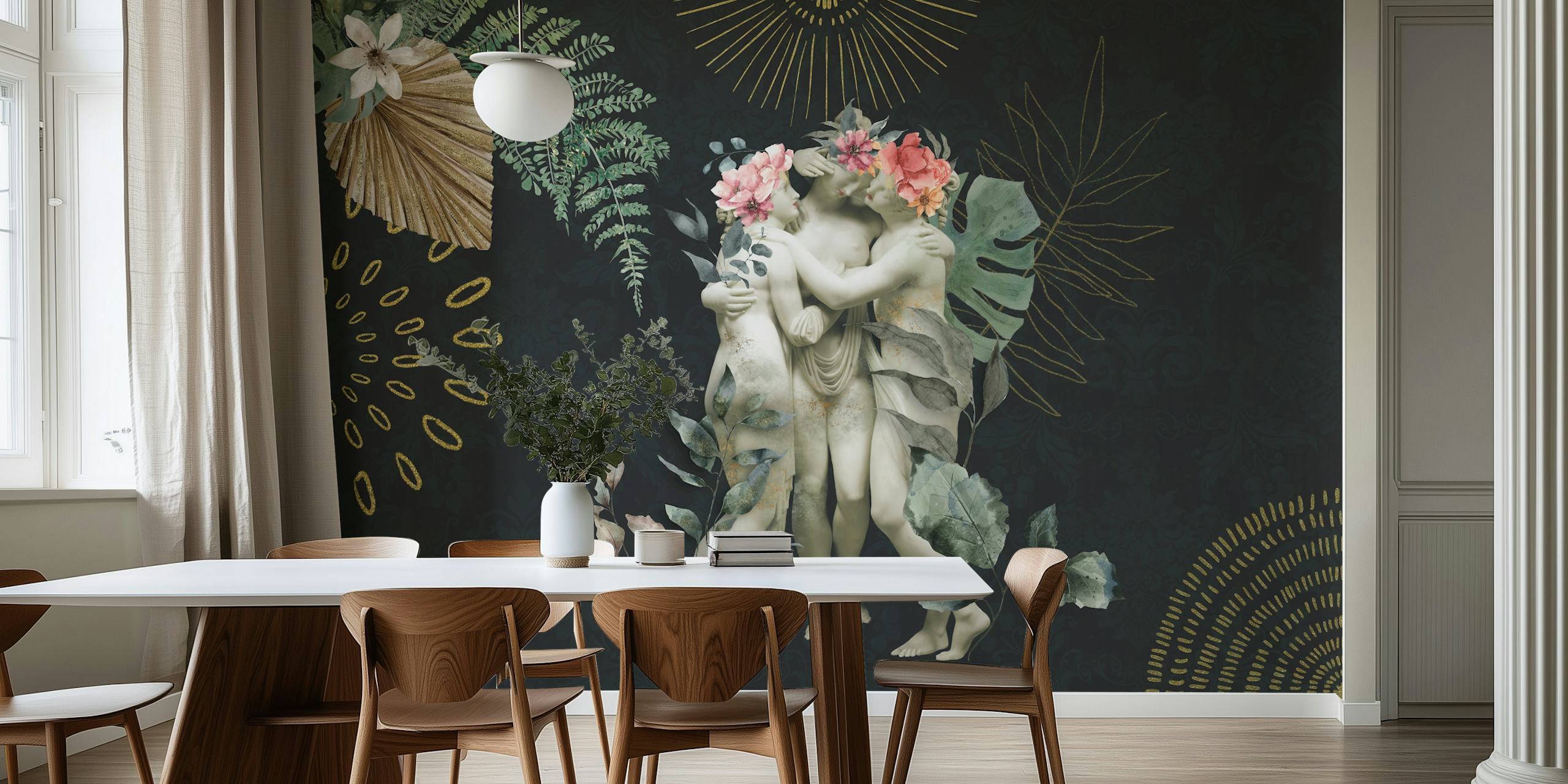 Floral marble statues wallpaper with dark background and tropical leaves