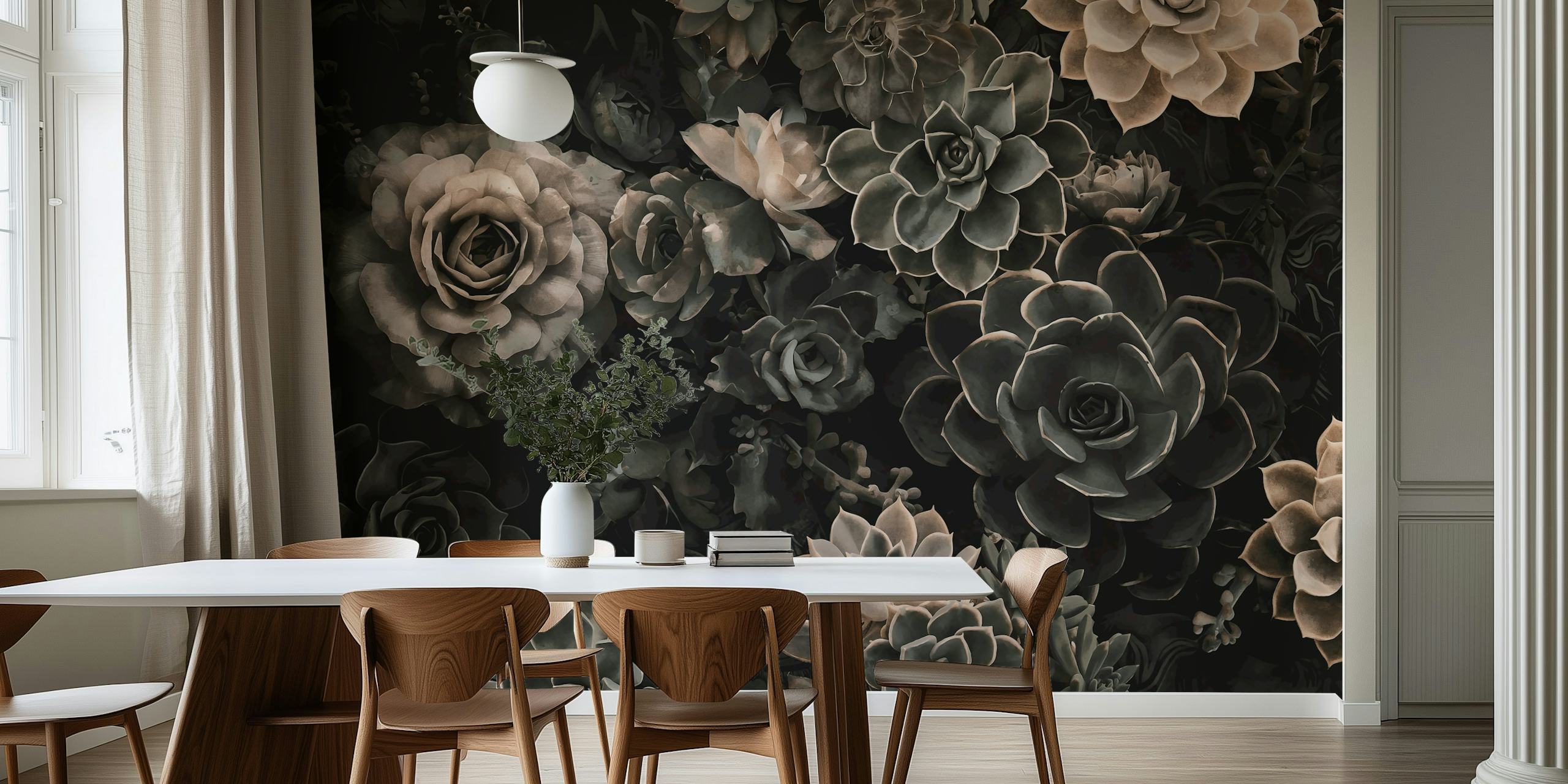 Moody floral and succulent wall mural in grey tones