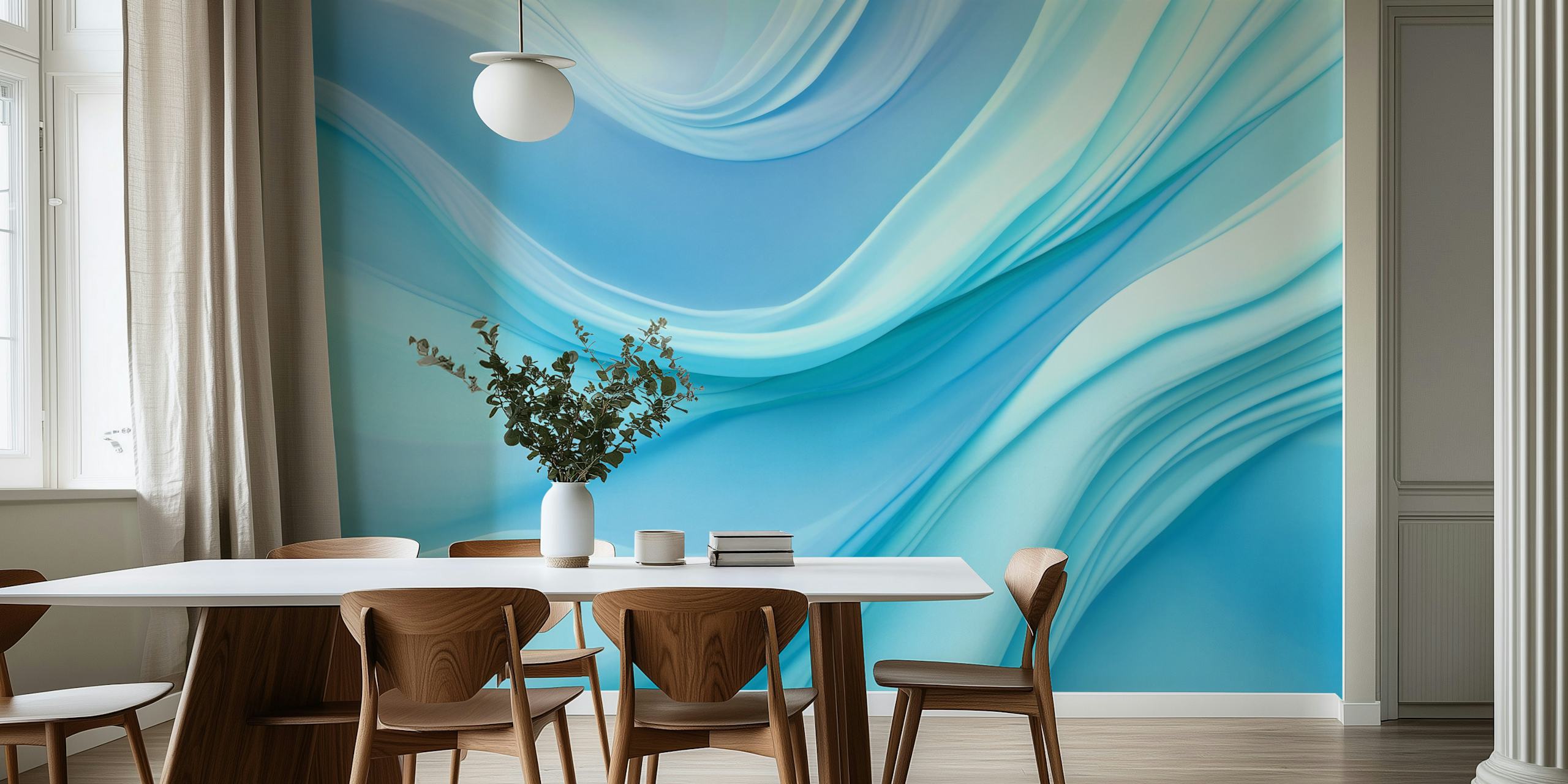 Blue flowing waves with abstract patterns wallpaper